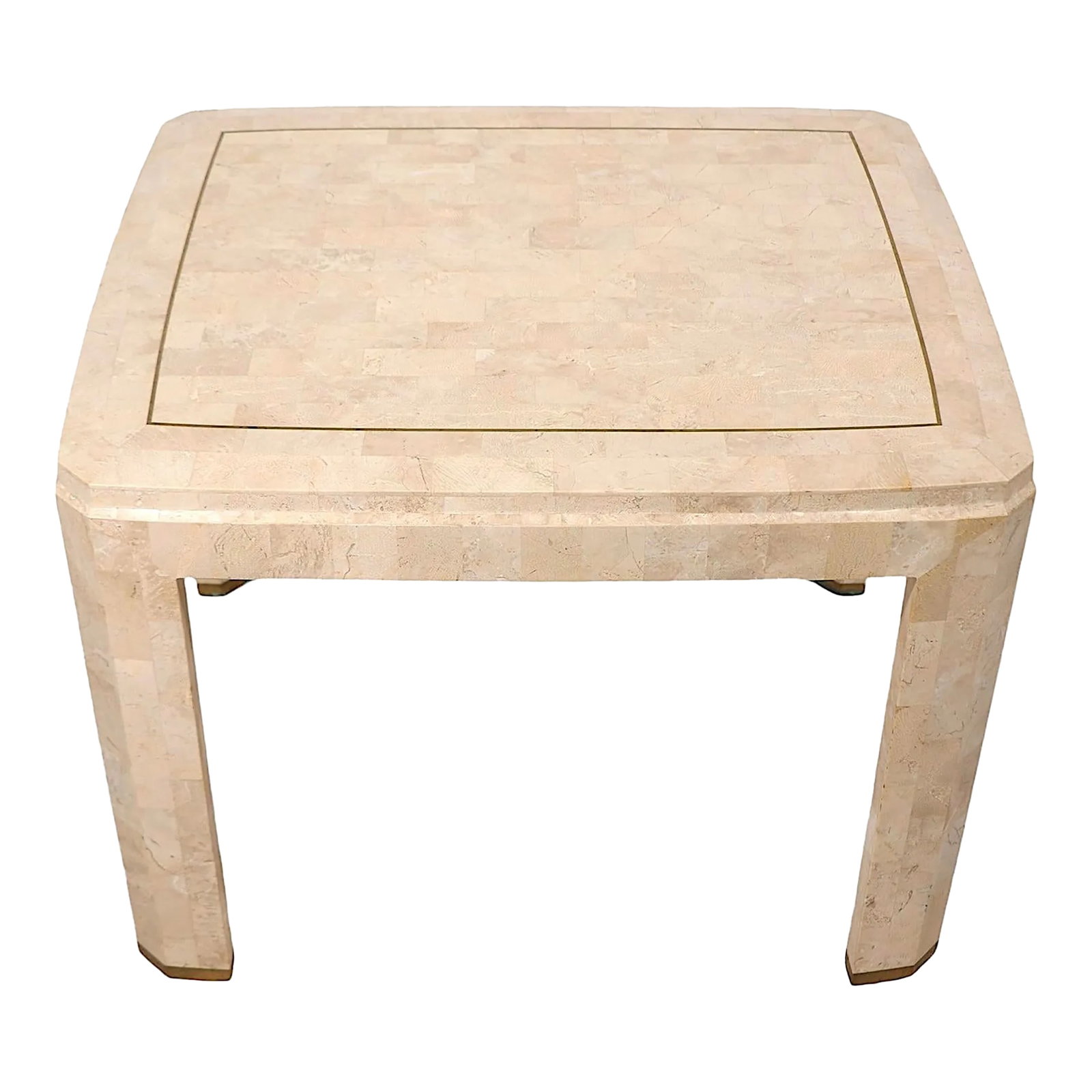 Tessellated Stone and Brass End Side Table by Maitland Smith C. 1984: Chic Hollywood Regency style side, or end table made in the Philippines by Alexvale Furniture for Maitland Smith, circa 1984. Constructed of tessellated stone with decorative brass trim. This example 