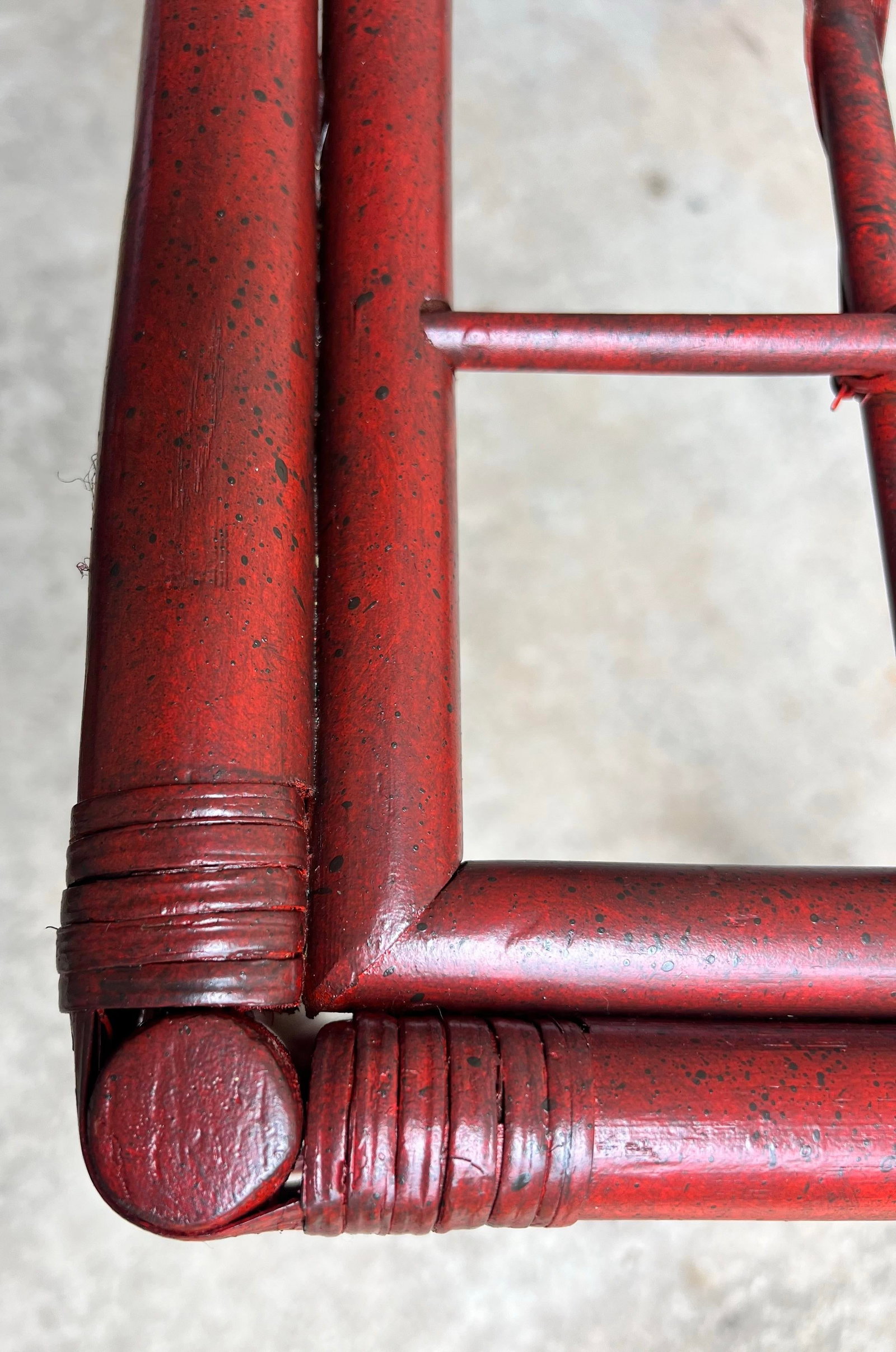 Vintage Tony Duquette Style Red Split Reed and Rattan Glass Top Console Entry Table - Newly Painted - 11
