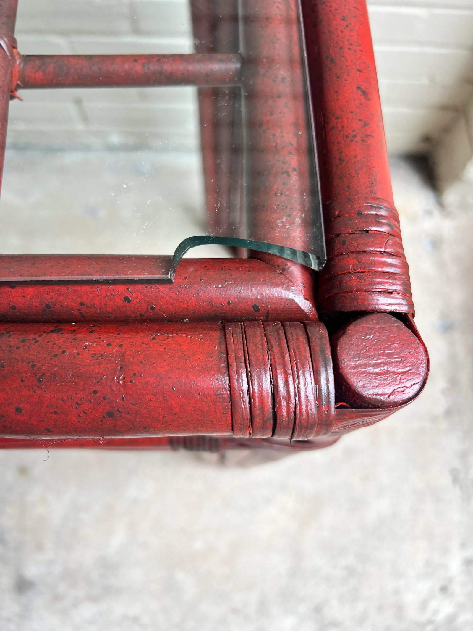 Vintage Tony Duquette Style Red Split Reed and Rattan Glass Top Console Entry Table - Newly Painted - 12