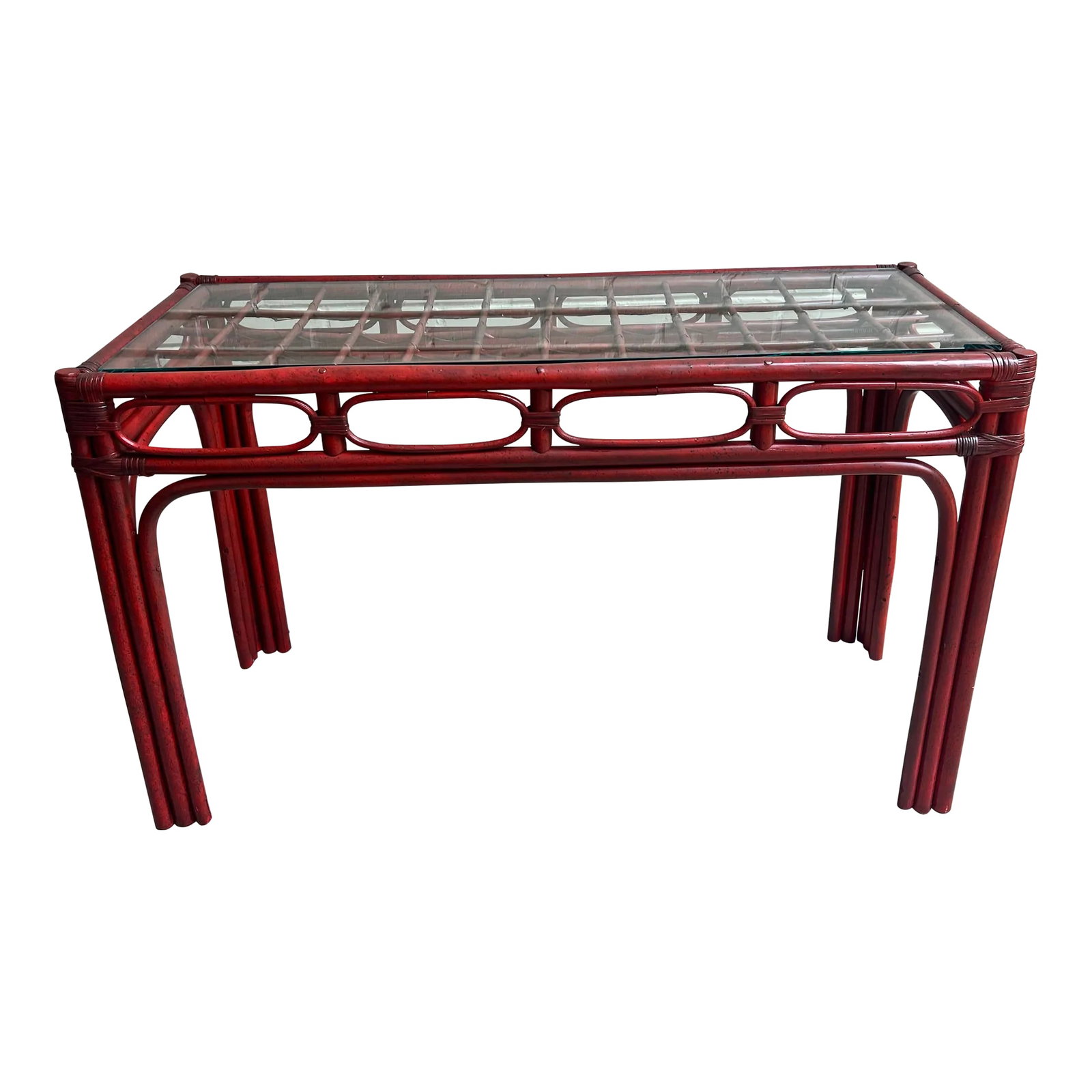 Vintage Tony Duquette Style Red Split Reed and Rattan Glass Top Console Entry Table - Newly Painted (1 of 12)