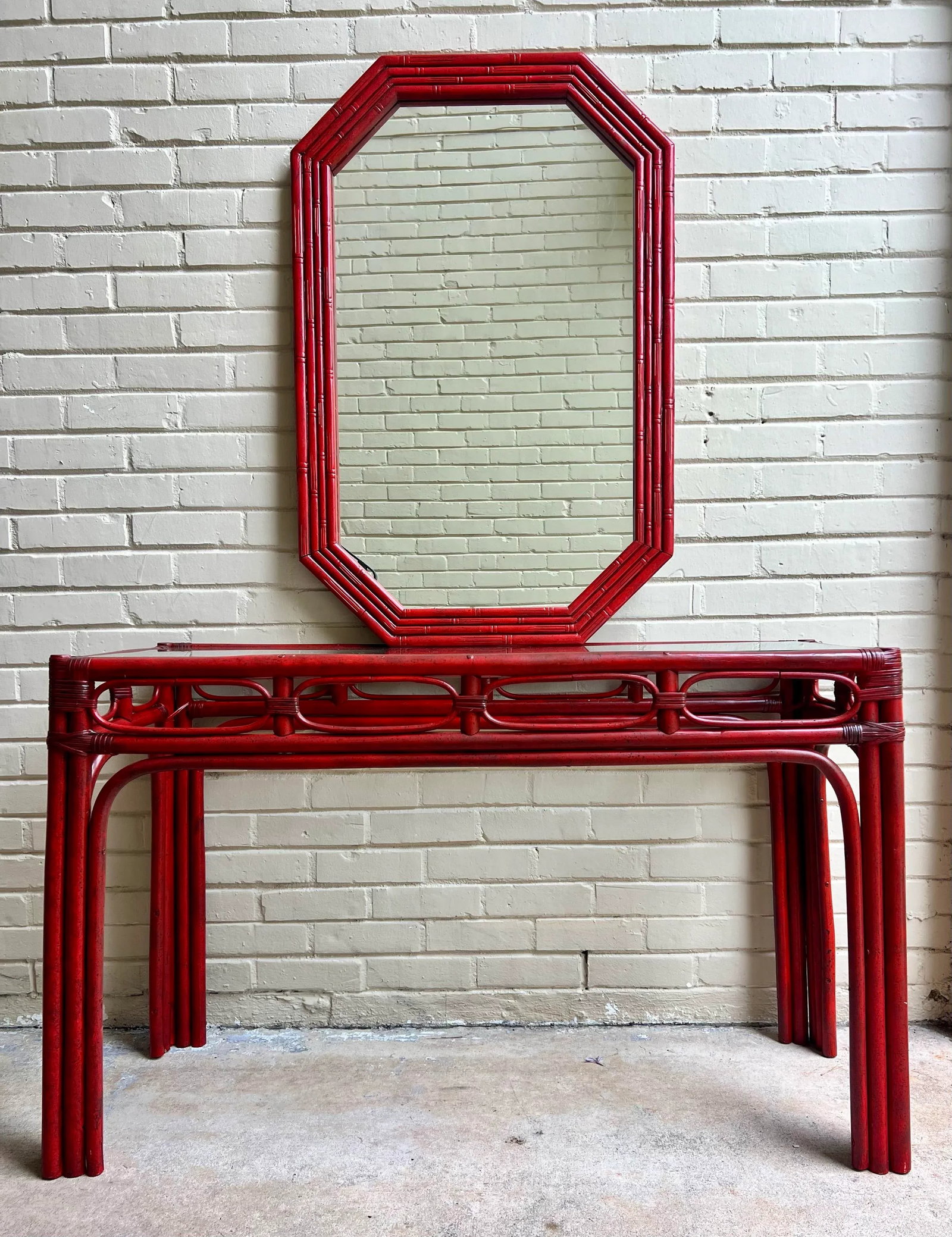 Vintage Tony Duquette Style Red Split Reed and Rattan Glass Top Console Entry Table - Newly Painted - 2