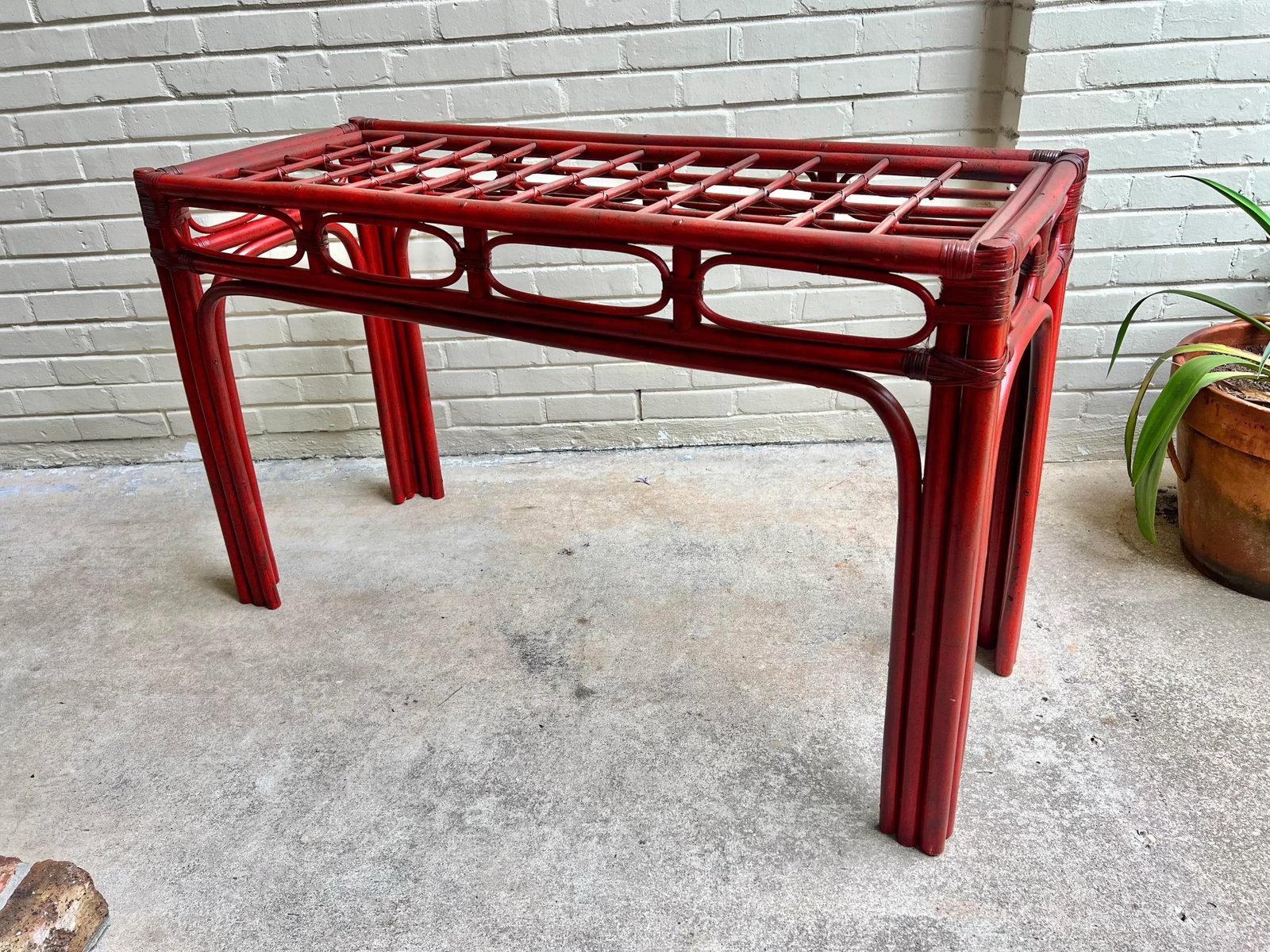 Vintage Tony Duquette Style Red Split Reed and Rattan Glass Top Console Entry Table - Newly Painted - 3