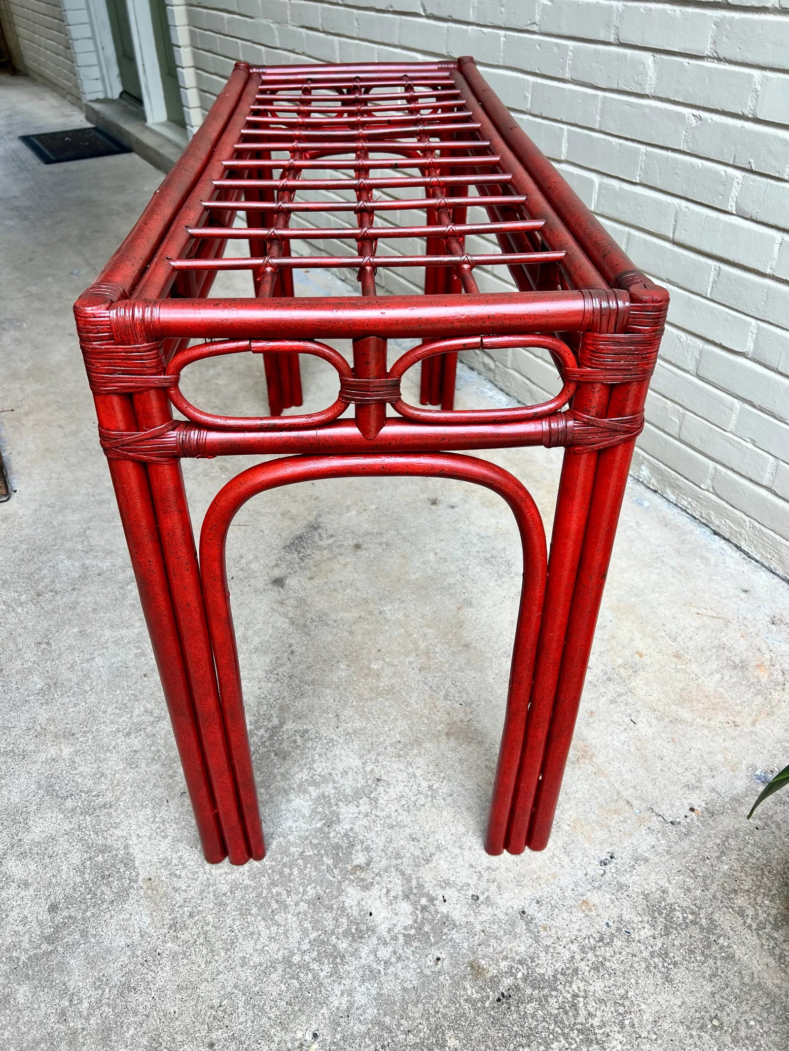 Vintage Tony Duquette Style Red Split Reed and Rattan Glass Top Console Entry Table - Newly Painted - 4