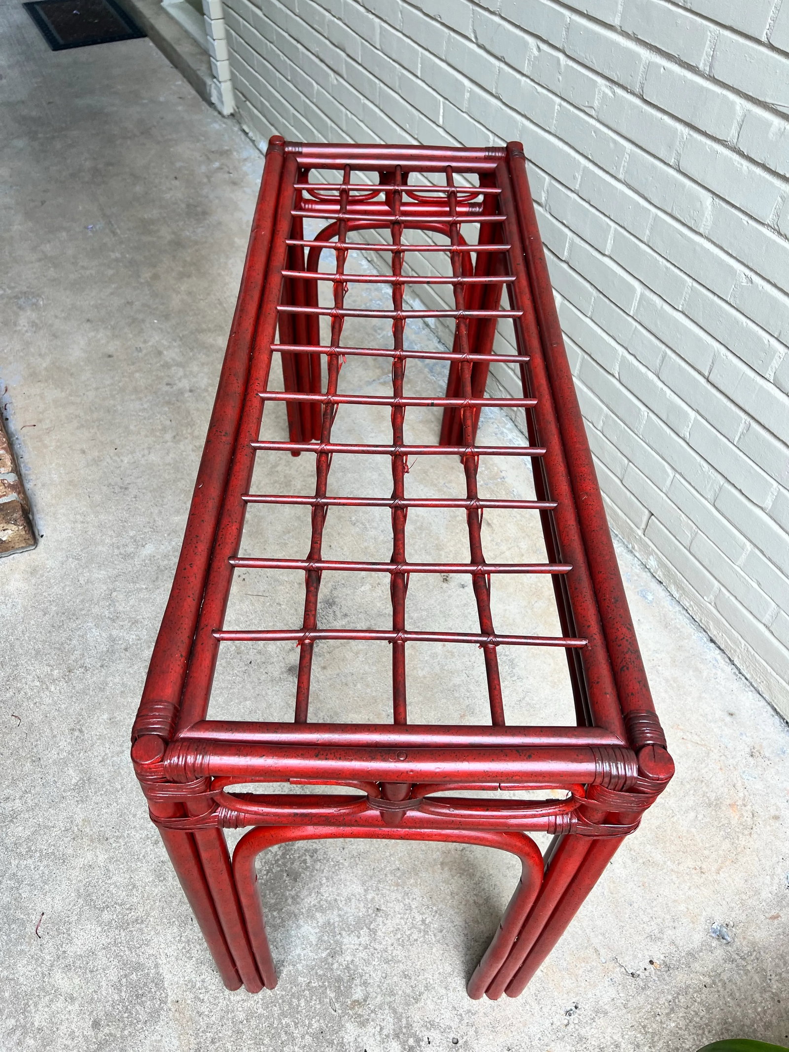 Vintage Tony Duquette Style Red Split Reed and Rattan Glass Top Console Entry Table - Newly Painted - 5