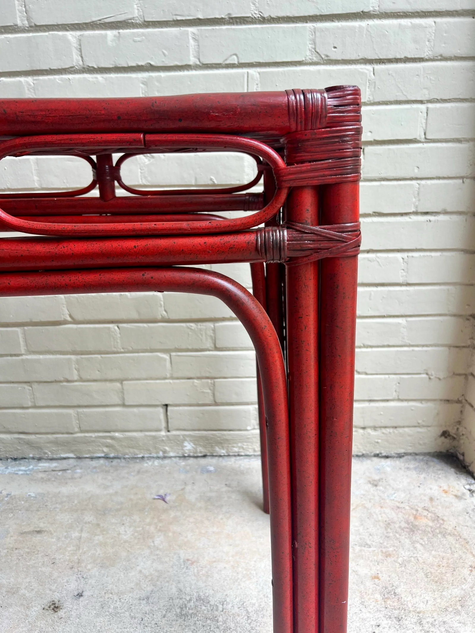 Vintage Tony Duquette Style Red Split Reed and Rattan Glass Top Console Entry Table - Newly Painted - 6