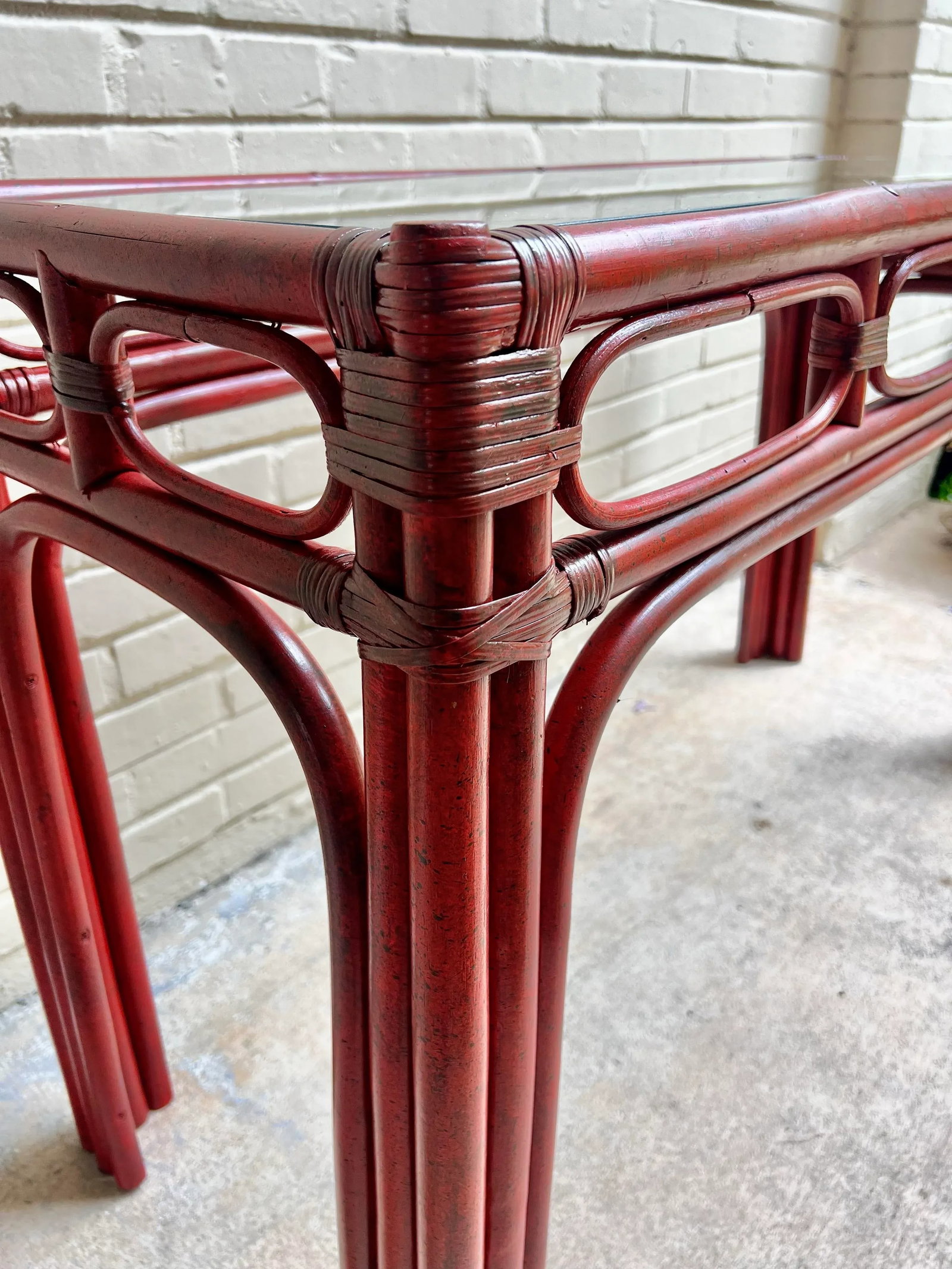 Vintage Tony Duquette Style Red Split Reed and Rattan Glass Top Console Entry Table - Newly Painted - 7