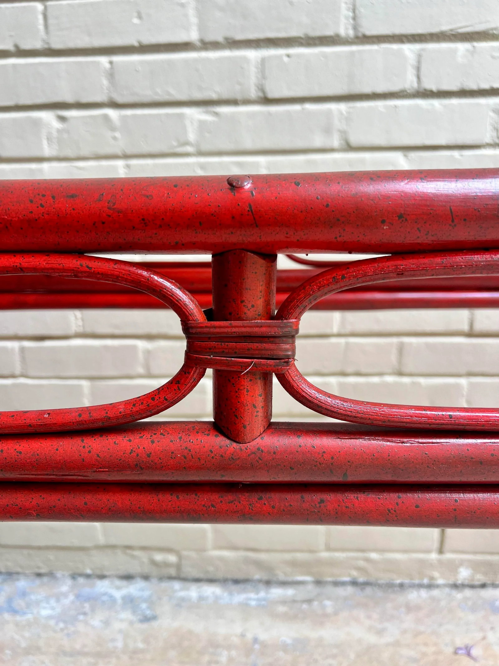 Vintage Tony Duquette Style Red Split Reed and Rattan Glass Top Console Entry Table - Newly Painted - 8