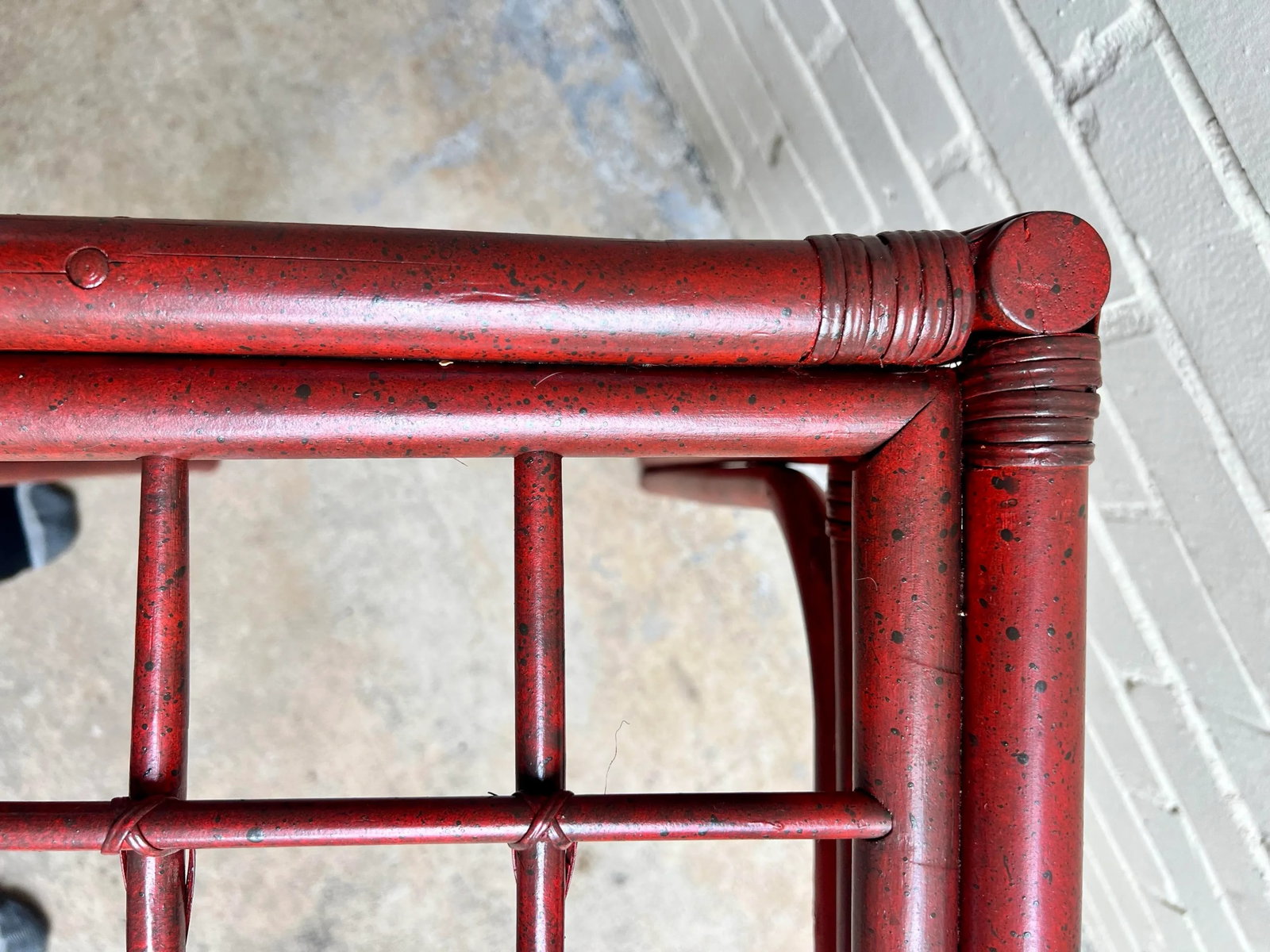 Vintage Tony Duquette Style Red Split Reed and Rattan Glass Top Console Entry Table - Newly Painted - 9