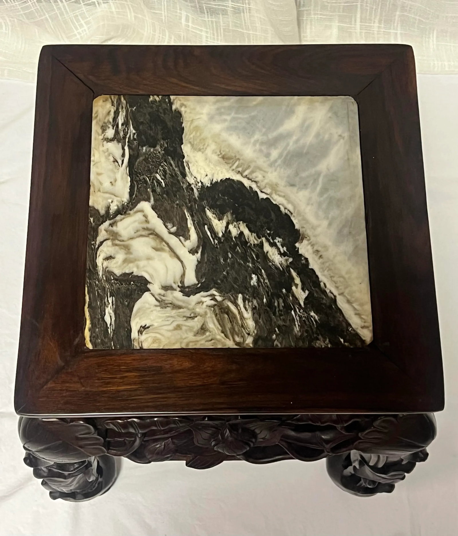 Vintage Chinoiserie Asian Carved Wood Side Tables Stands With Lotus Flower Design and Marble Top-a P - 10