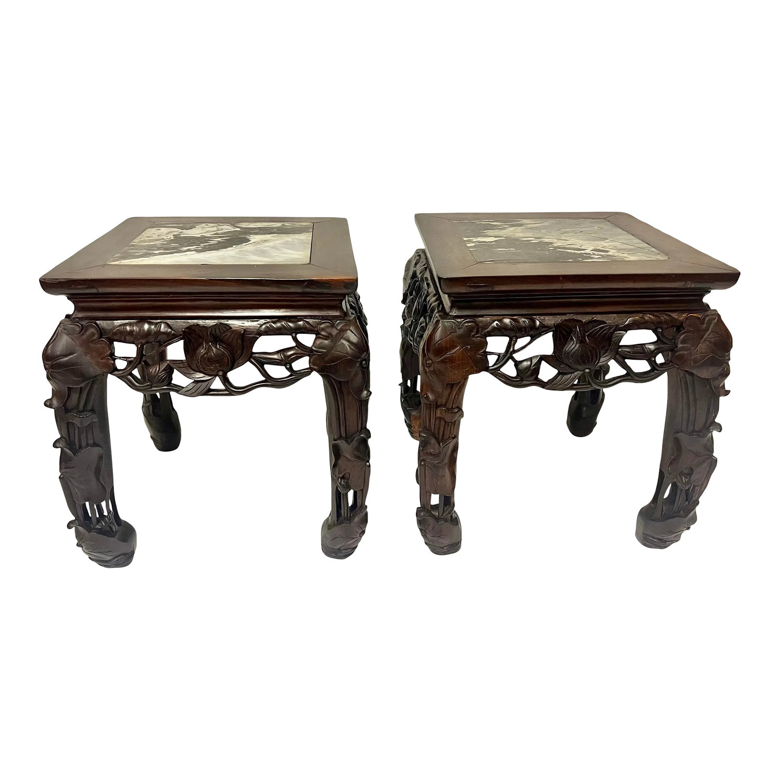 Vintage Chinoiserie Asian Carved Wood Side Tables Stands With Lotus Flower Design and Marble Top-a P: If you have a sofa or a bedroom vignette that feels a bit flat and uninspired, you already know that standard, mass-produced accent furniture isn't going to fix it. End tables shouldn't just hold a co