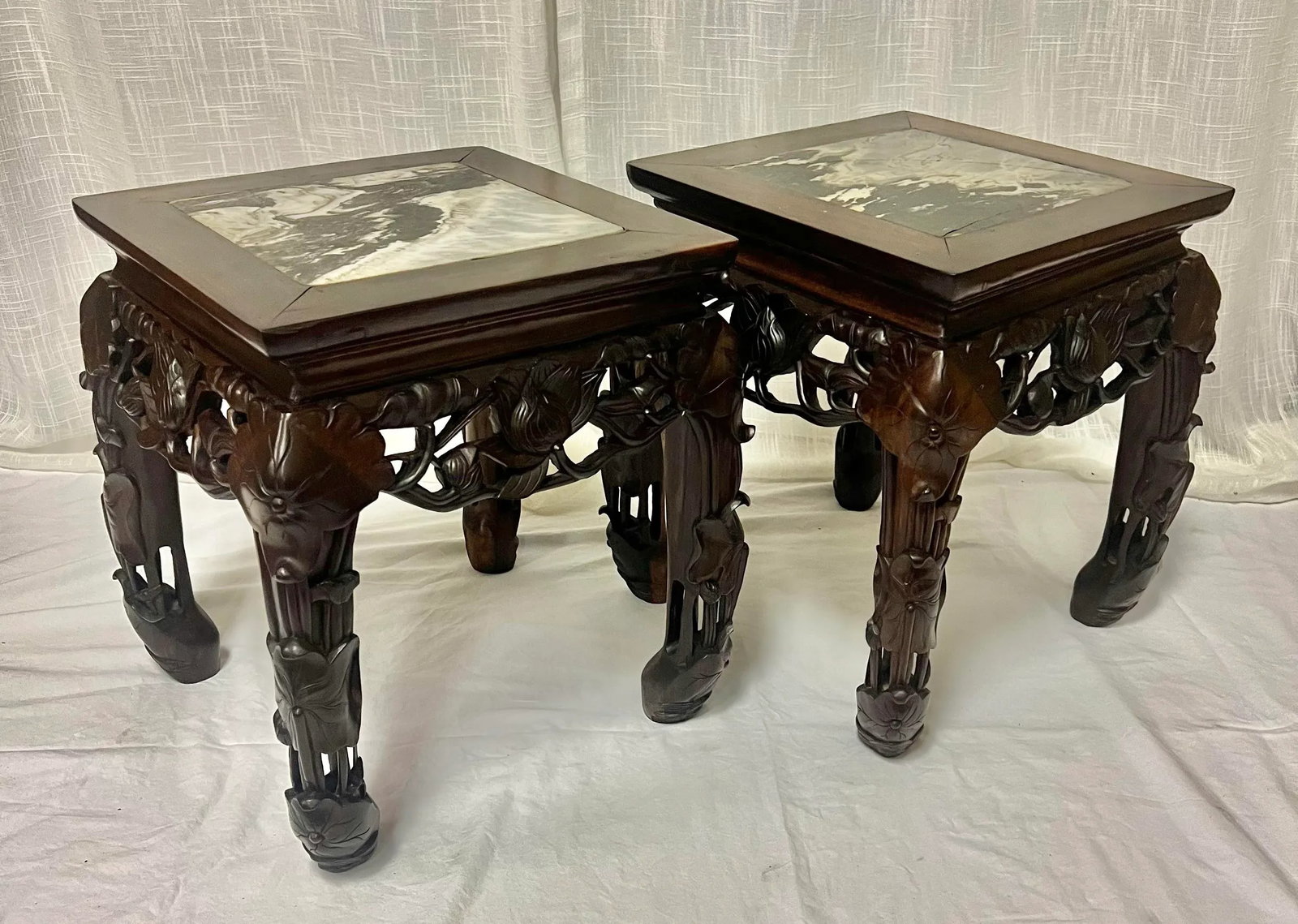 Vintage Chinoiserie Asian Carved Wood Side Tables Stands With Lotus Flower Design and Marble Top-a P - 2