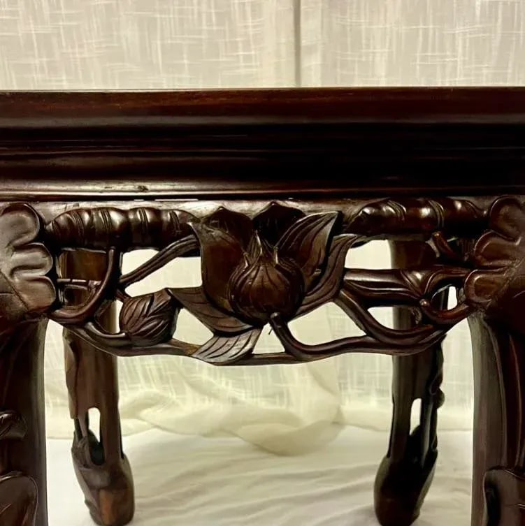 Vintage Chinoiserie Asian Carved Wood Side Tables Stands With Lotus Flower Design and Marble Top-a P - 3