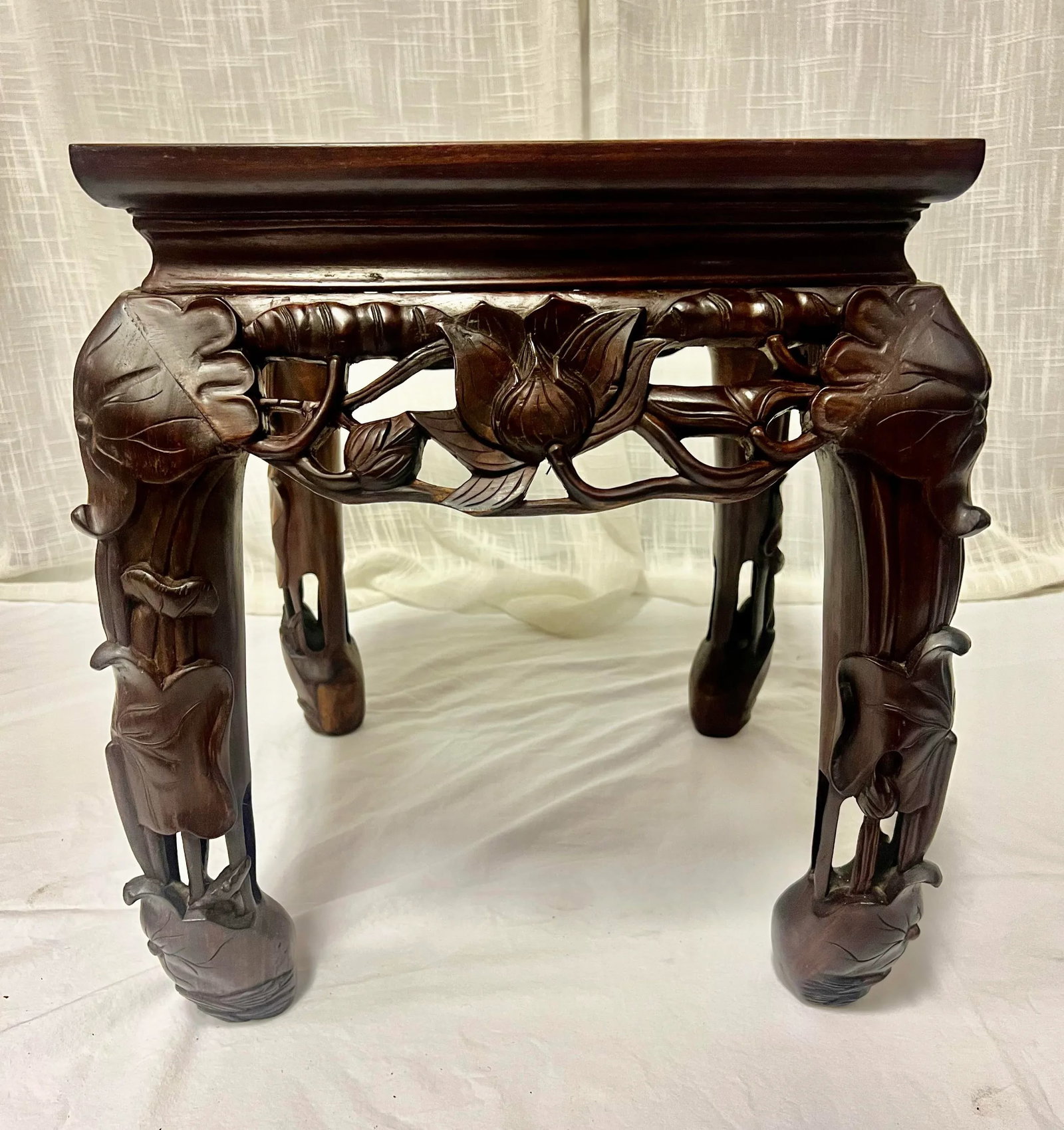 Vintage Chinoiserie Asian Carved Wood Side Tables Stands With Lotus Flower Design and Marble Top-a P - 5