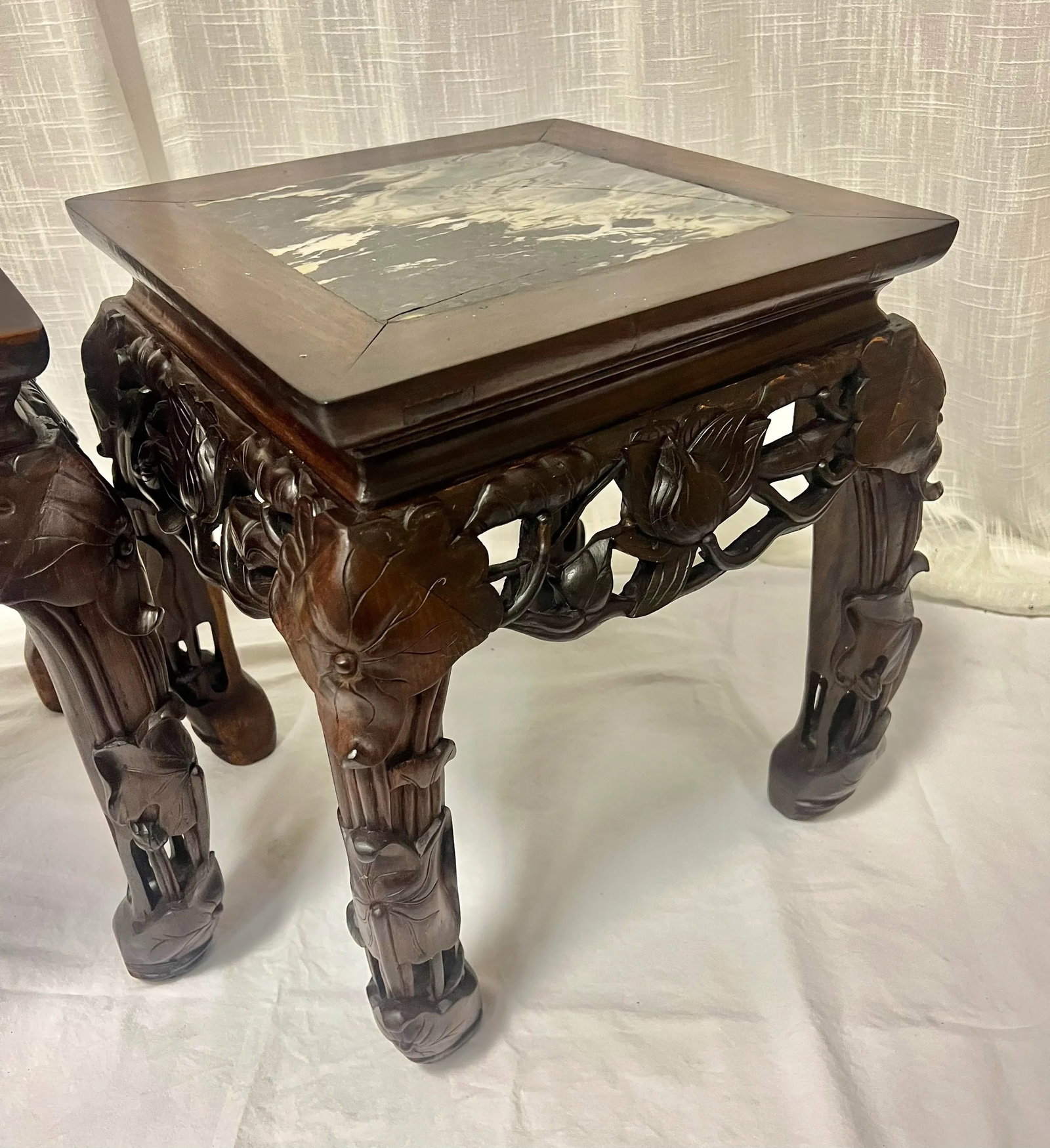 Vintage Chinoiserie Asian Carved Wood Side Tables Stands With Lotus Flower Design and Marble Top-a P - 7