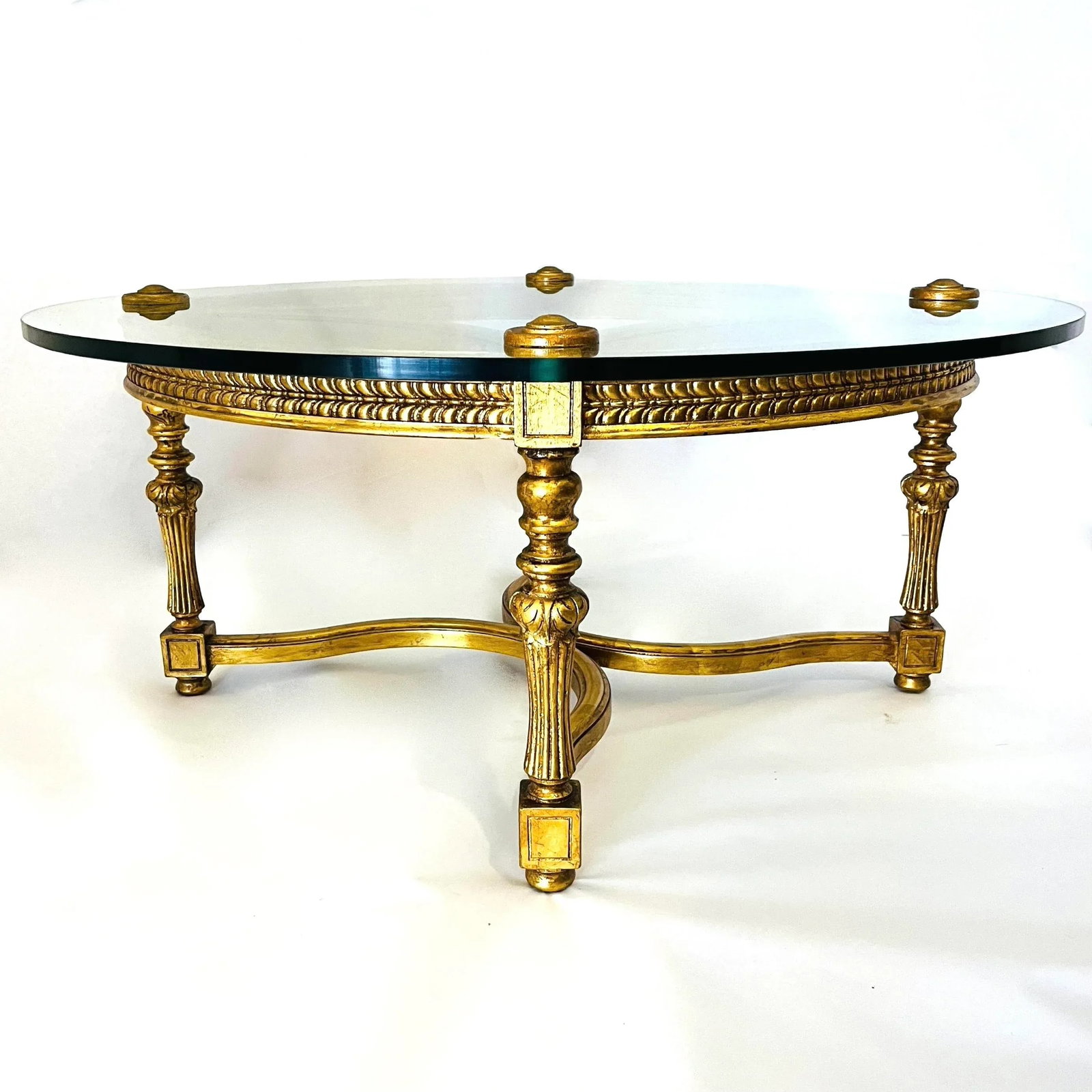 Vintage Louis XIV Style Gold Leaf Carved Wood and Glass Coffee Table - 3