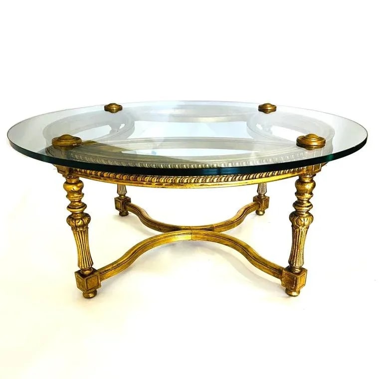 Vintage Louis XIV Style Gold Leaf Carved Wood and Glass Coffee Table - 5