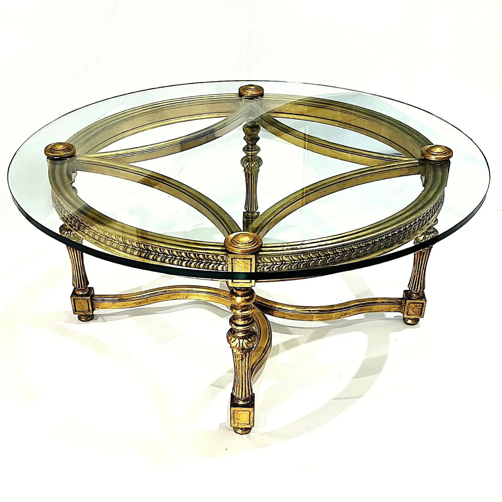 Vintage Louis XIV Style Gold Leaf Carved Wood and Glass Coffee Table - 7