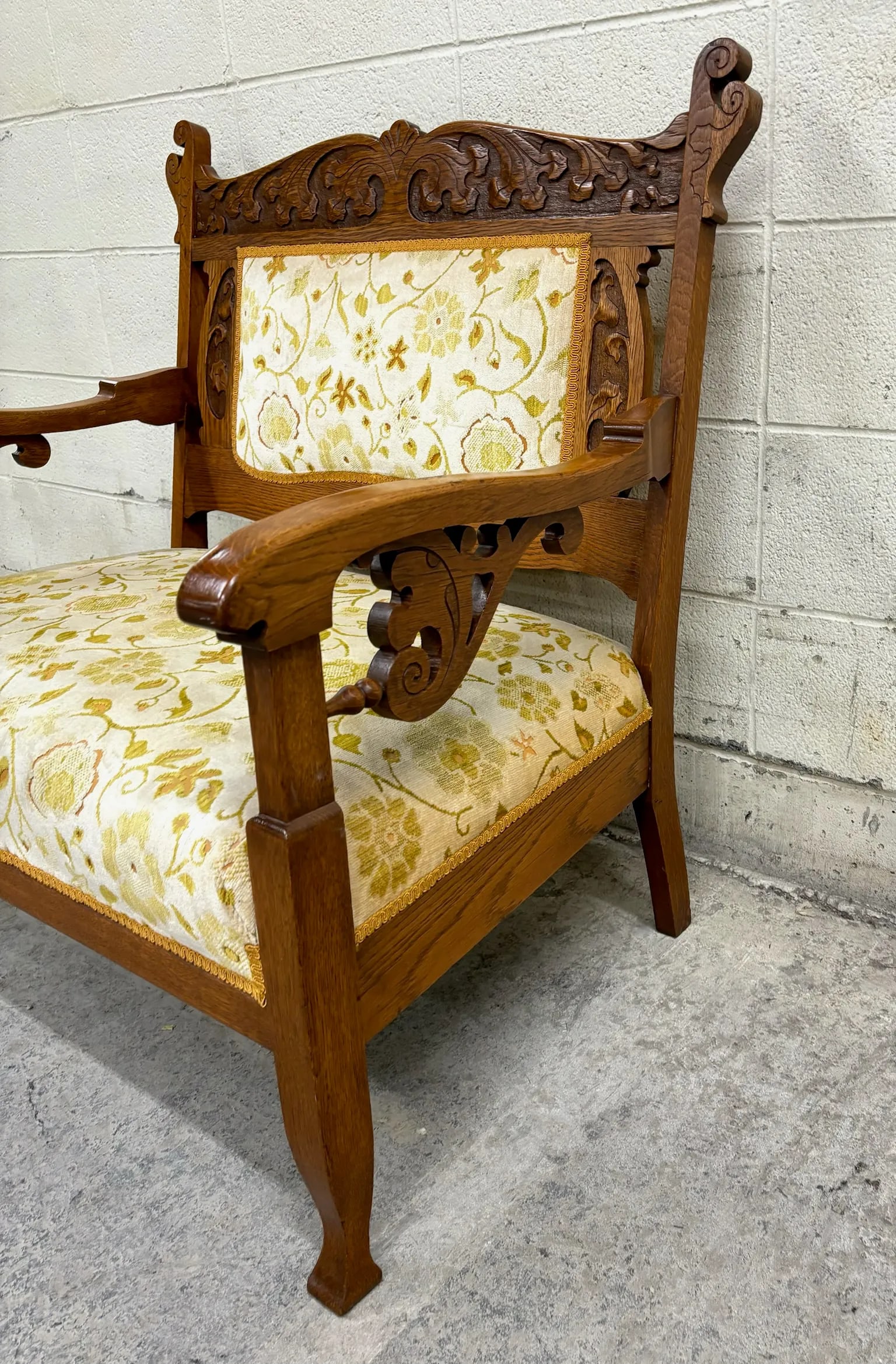 Antique Victorian Eastlake Tiger Oak Carved Floral Upholstery Settee Loveseat - 10