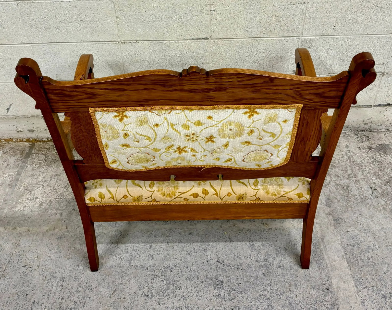 Antique Victorian Eastlake Tiger Oak Carved Floral Upholstery Settee Loveseat - 11