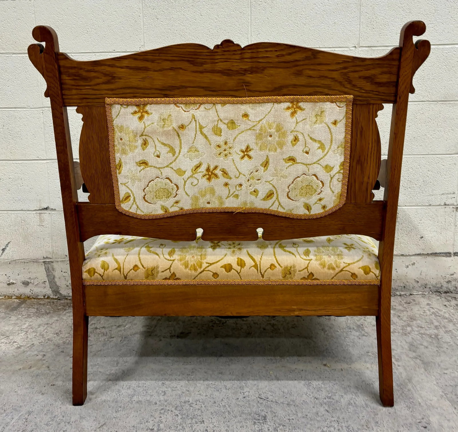 Antique Victorian Eastlake Tiger Oak Carved Floral Upholstery Settee Loveseat - 12