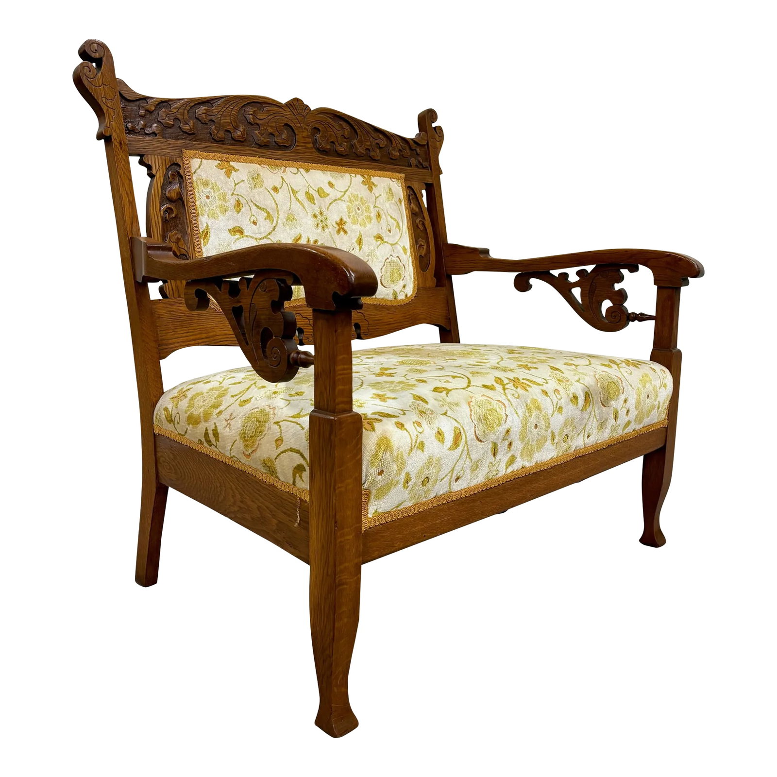 Antique Victorian Eastlake Tiger Oak Carved Floral Upholstery Settee Loveseat (1 of 12)