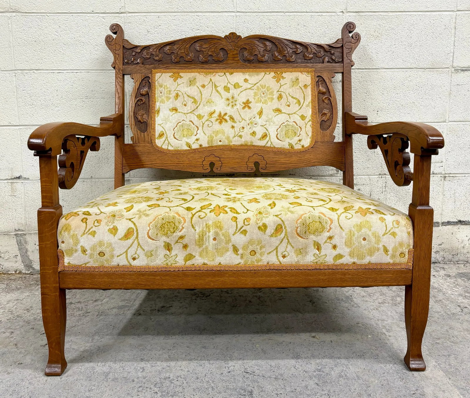 Antique Victorian Eastlake Tiger Oak Carved Floral Upholstery Settee Loveseat - 2
