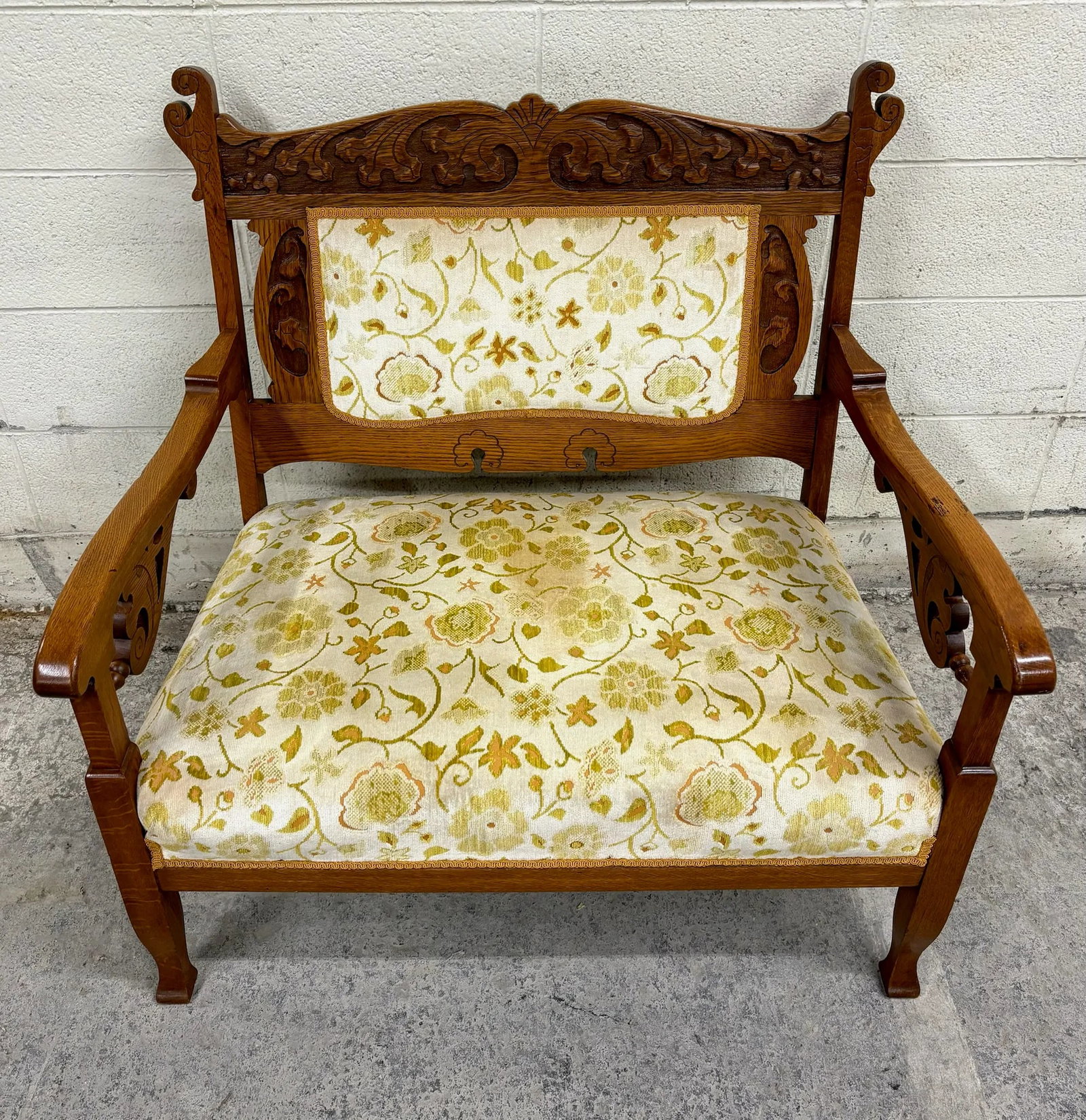 Antique Victorian Eastlake Tiger Oak Carved Floral Upholstery Settee Loveseat - 3