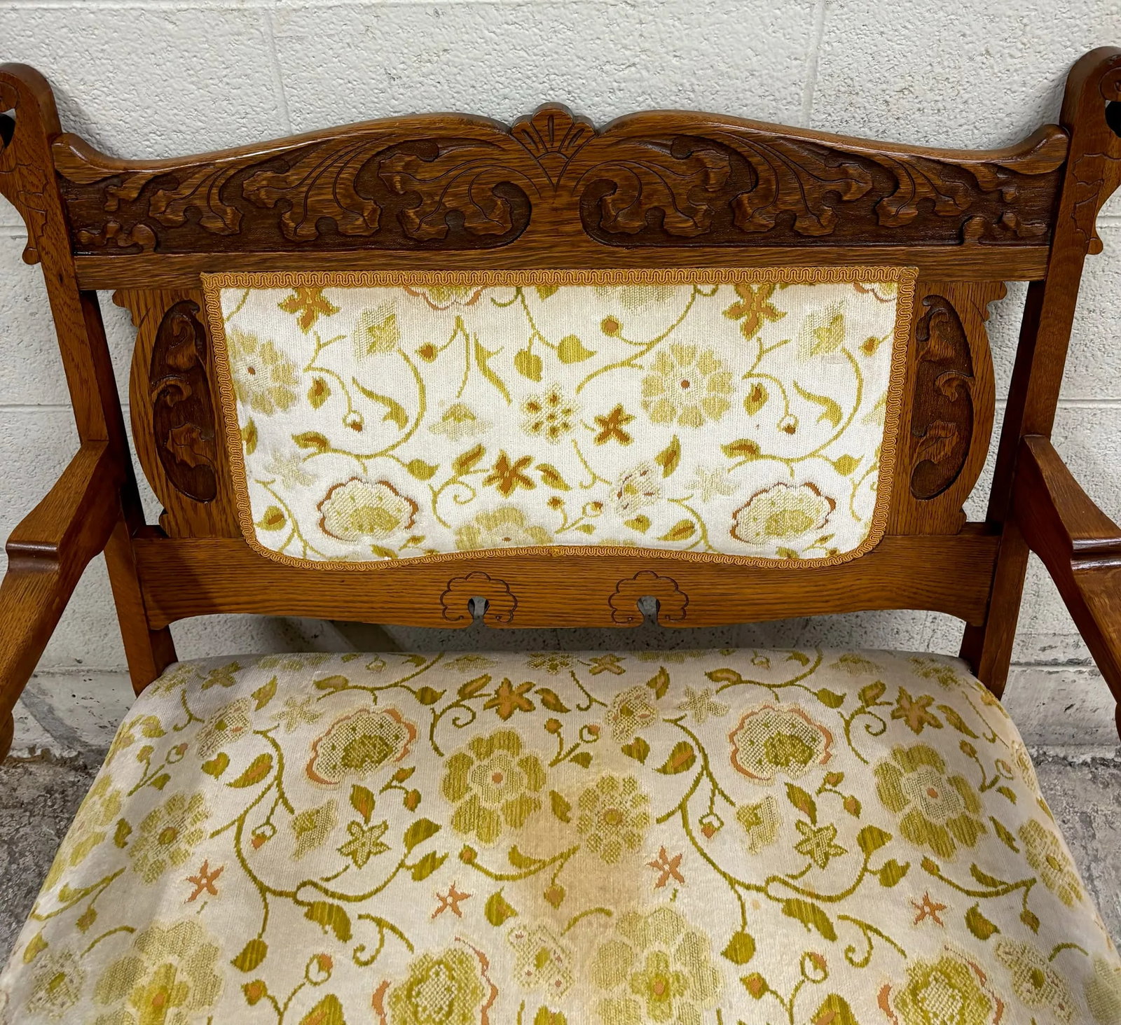 Antique Victorian Eastlake Tiger Oak Carved Floral Upholstery Settee Loveseat - 5