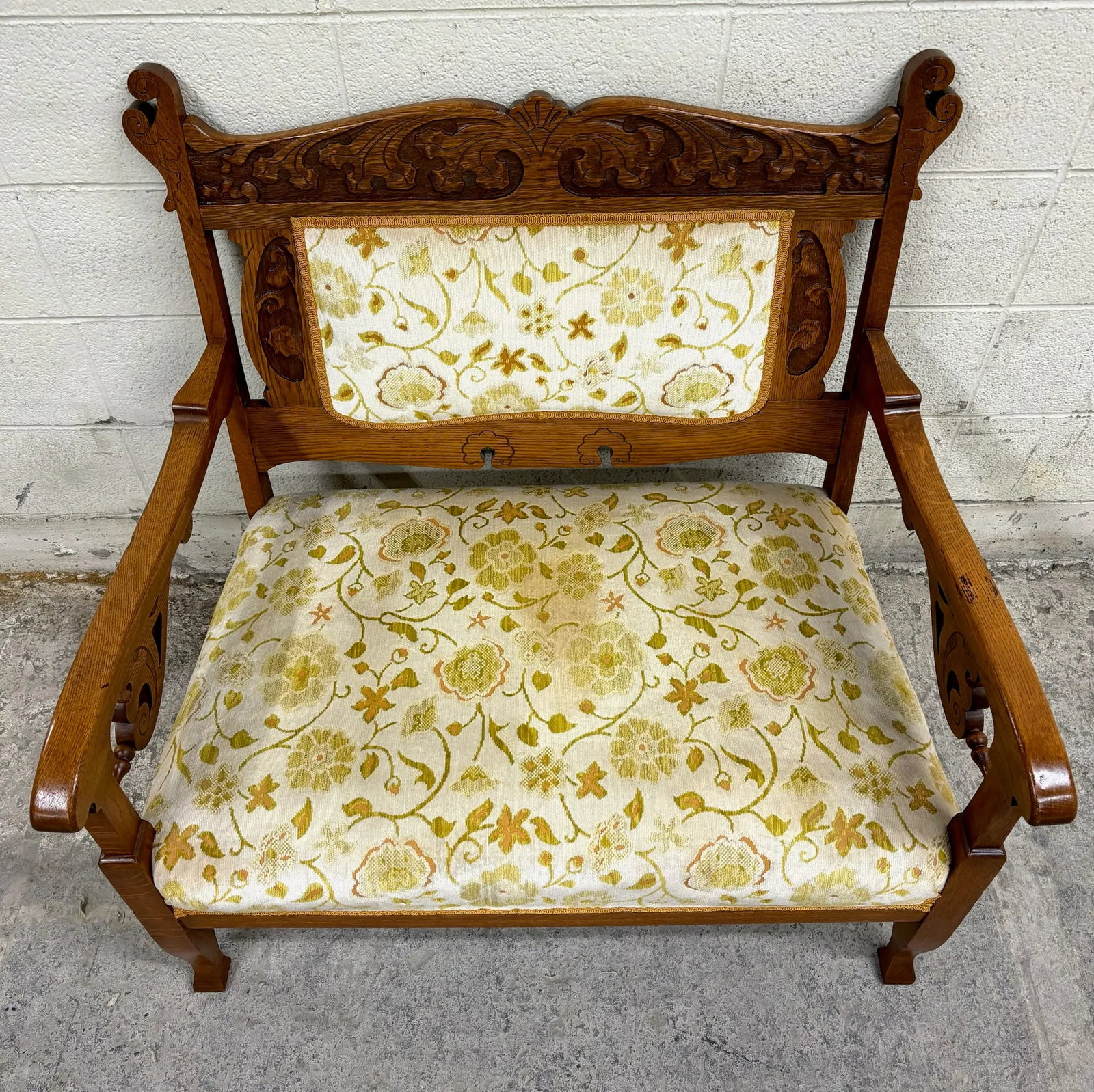 Antique Victorian Eastlake Tiger Oak Carved Floral Upholstery Settee Loveseat - 7