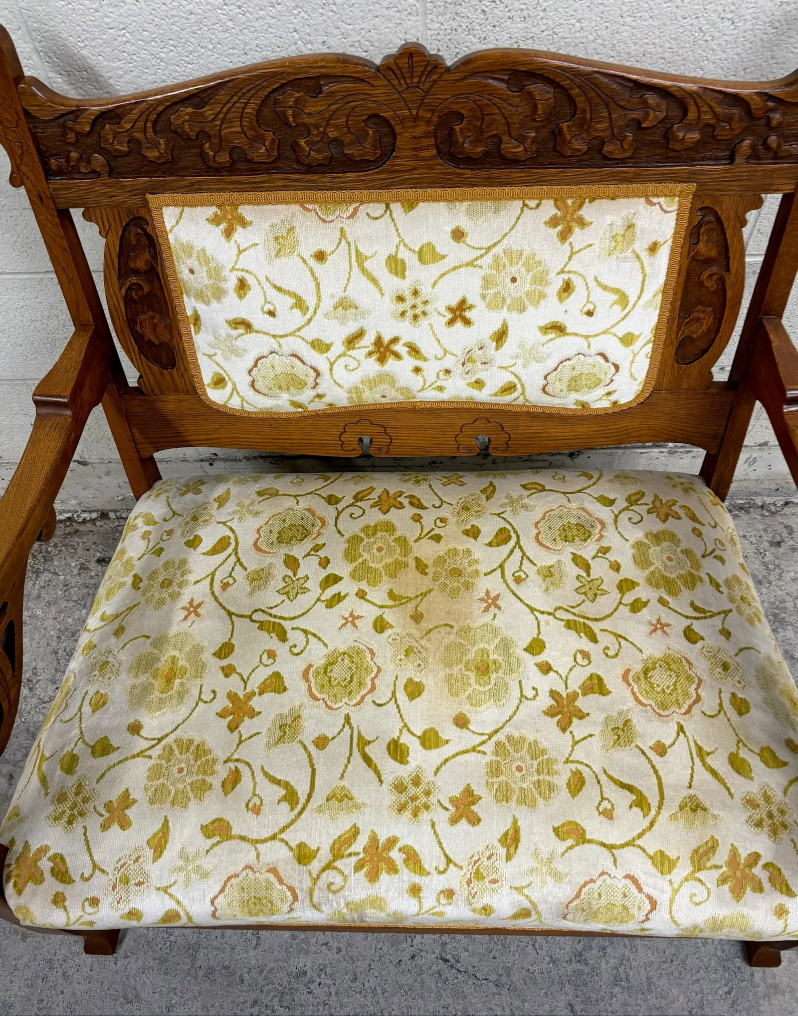 Antique Victorian Eastlake Tiger Oak Carved Floral Upholstery Settee Loveseat - 8