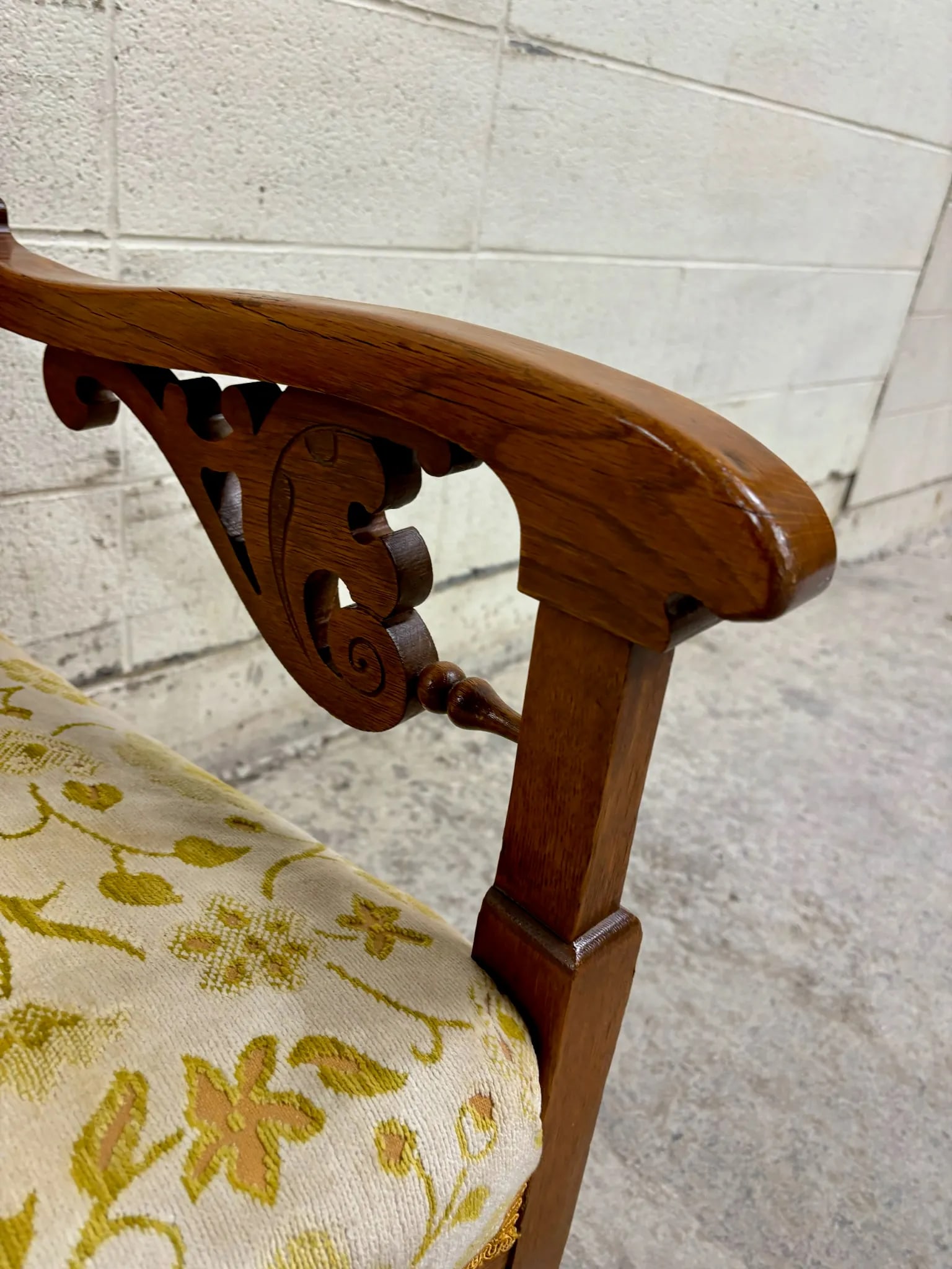 Antique Victorian Eastlake Tiger Oak Carved Floral Upholstery Settee Loveseat - 9