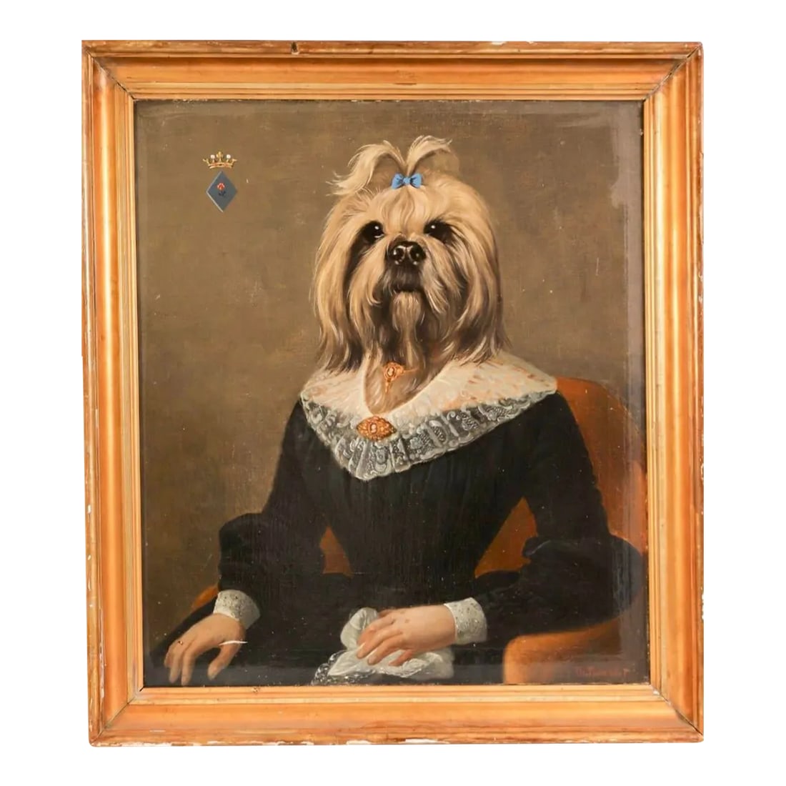 Thierry Poncelet Portrait of a Yorkshire Terrier as a Lady: 18th Century Theirry Poncelet (b. 1946, Belgium) portrait of a Yorkshire Terrier as a Lady. Portrait shows a Yorkshire Terrier head with the body dressed in Victorian clothing of a black long sleeved 
