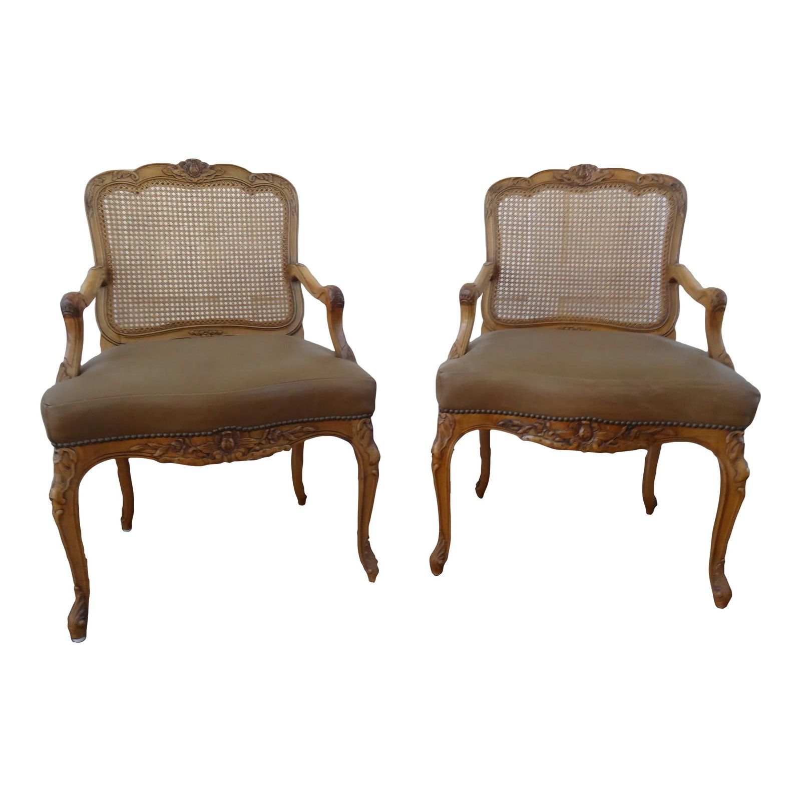 Mid 20th Century Pair Louis XV Regency Style Chairs: A stunning Pair of French Louis XV caned and leather upholstered chairs. With newer brown leather seat. Condition: Alterations: Original Condition Unaltered Imperfections: Some Imperfections Condition