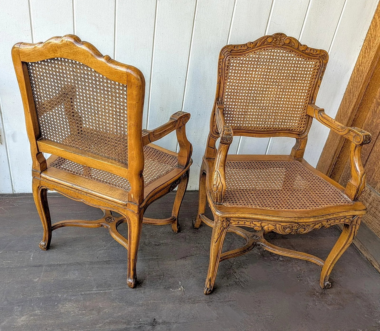 Pair of 20th Century French Louis XV Carved Walnut and Cane Armchairs - 2