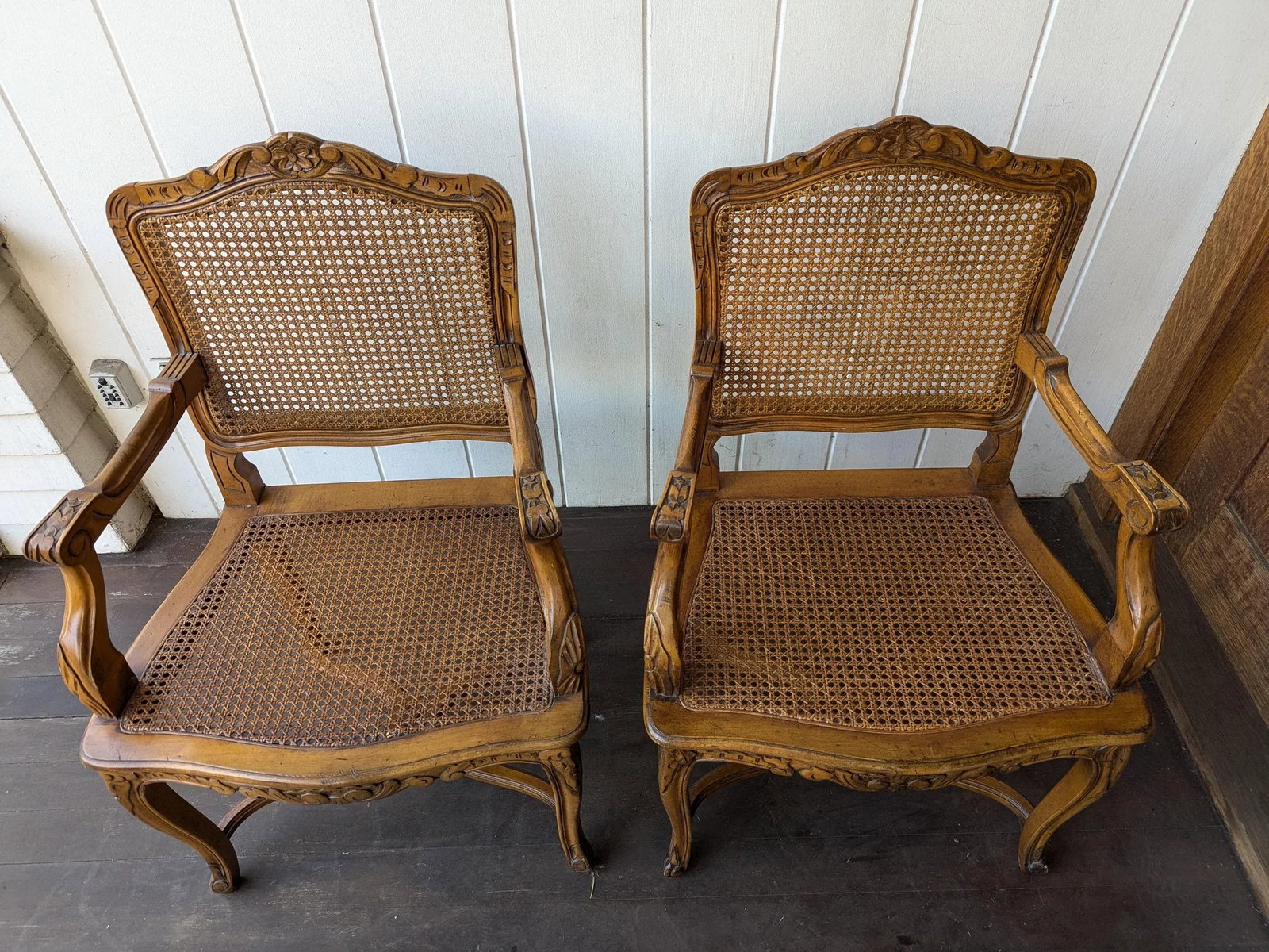 Pair of 20th Century French Louis XV Carved Walnut and Cane Armchairs - 3