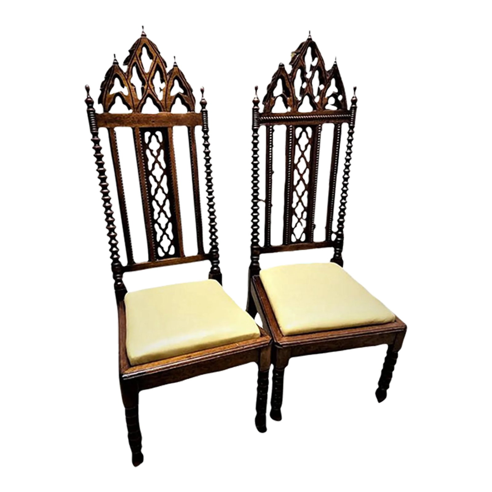 Late 19th Century Mahogany Gothic Revival Accent Chairs - a Pair: Exquisitely crafted Gothic Revival side chairs with new leather seat upholstery. Beautiful finish and details. Condition: Alterations: Original Design Modified Imperfections: Some Imperfections