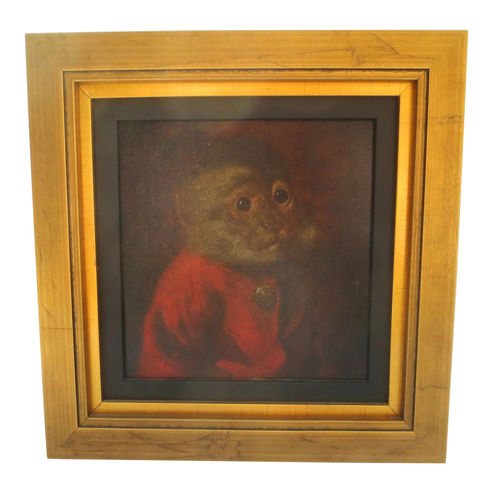 Late 19th Monkey Painting: Beautiful 19th-century portrait of a pet monkey, dressed in red and captured in a moment in life which reads as very human and personable. a portrait that catches more soul than the animal. Painted