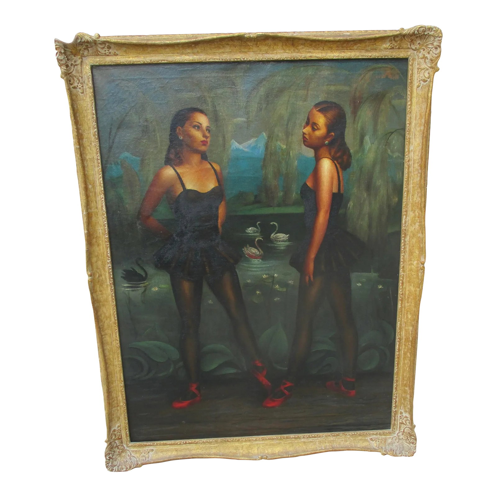 Black Swans Painting by June Cameron Circa 70s': The painting is the image of the Black Swan as danced by two daughters. The pair pose in front of a swan screen with the lone black swan entering from the left. Large image with the two dancers