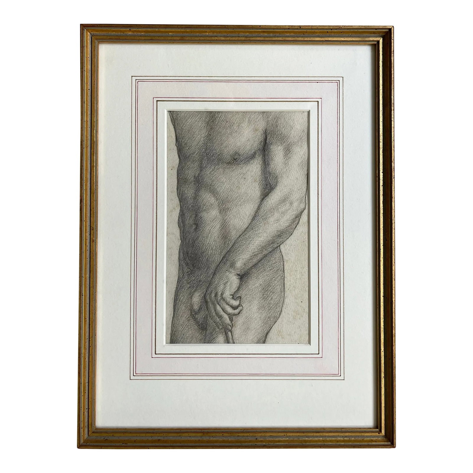 Sir Charles Holroyd (English 1861 - 1917) Antique 19th Century Pencil Drawing of a Nude Male Torso: Sir Charles Holroyd (English 1861 - 1917) antique 19th century pencil drawing of a nude male torso. Attribution verso - Rome 1888. Presented in a French mat and gilt wood frame. Sketched on old wove p