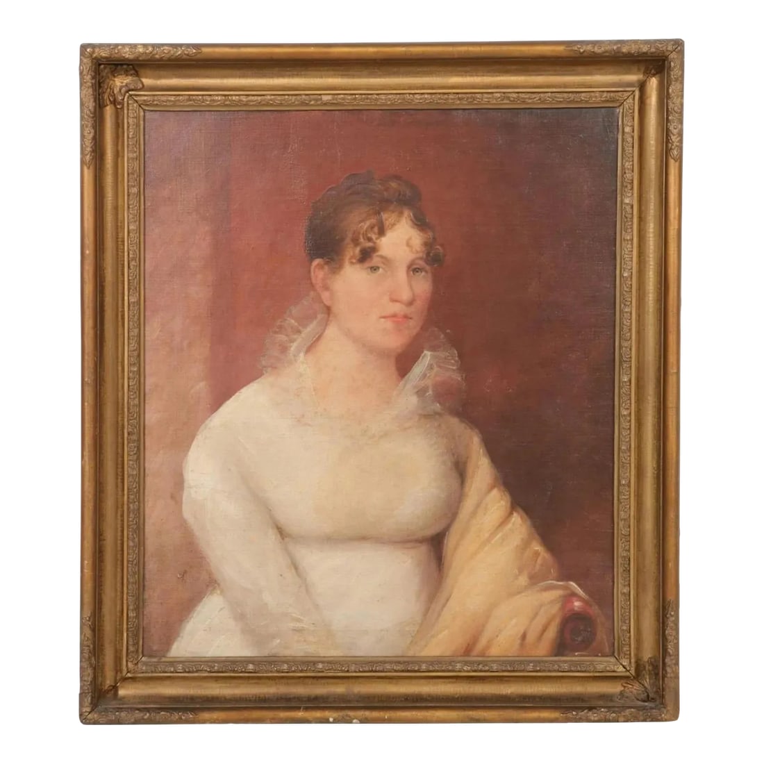 Antique Early 19th Century American Federal Oil Painting Portrait of a Woman: Antique early 19th century American Federal oil painting portrait of a young woman. Wonderful muted palette in shades of cream, red and brown. Original gilt wood frame. Measures 30" W x 33" H x 3.5" D