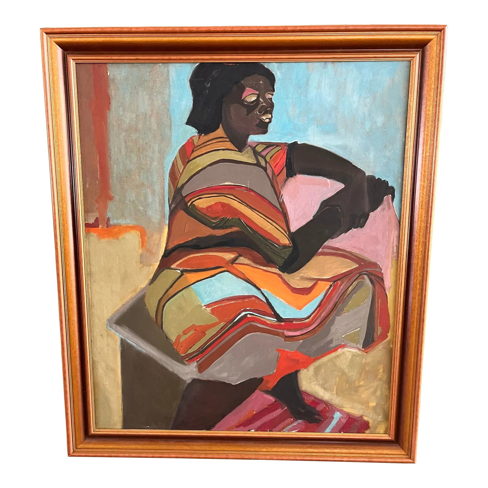 Contemporary Oil Painting of a Seated Woman: Contemporary oil on canvas painting of a woman seated in earthy blues, greens, orange and brown tones. Beveled 2" gold wood frame. Unsigned. Sight approx 37 3/8"h x 31 3/8"w Overall 43.5"h x 37.5"w