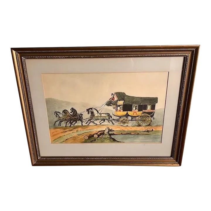 Vintage Framed Hand Colored Etching 'The Coach of Posts' by Victor-Jean Adams: The Coach of Posts' hand colored etching by Victor-Jean Adam (French, 1801-1866). Original date is 1850, made in France. Signed by artist in the lower left corner. Copyright SZL in the lower right cor