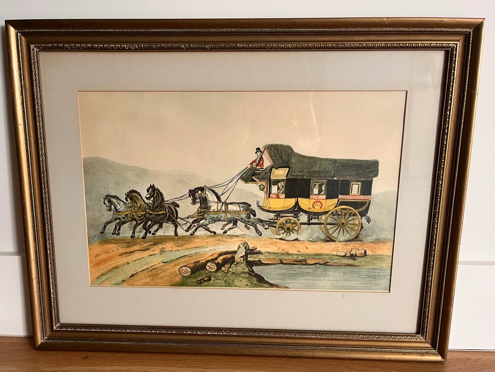 Vintage Framed Hand Colored Etching 'The Coach of Posts' by Victor-Jean Adams - 2