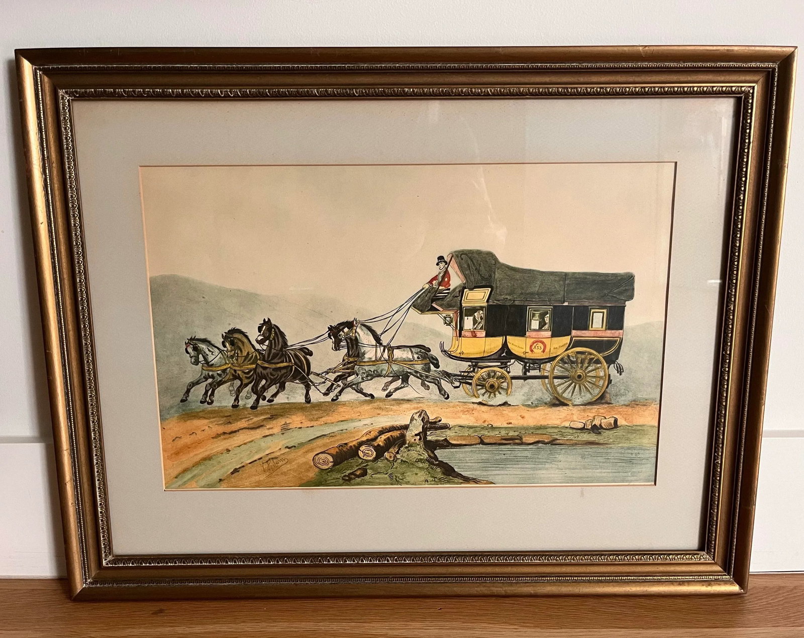 Vintage Framed Hand Colored Etching 'The Coach of Posts' by Victor-Jean Adams - 3