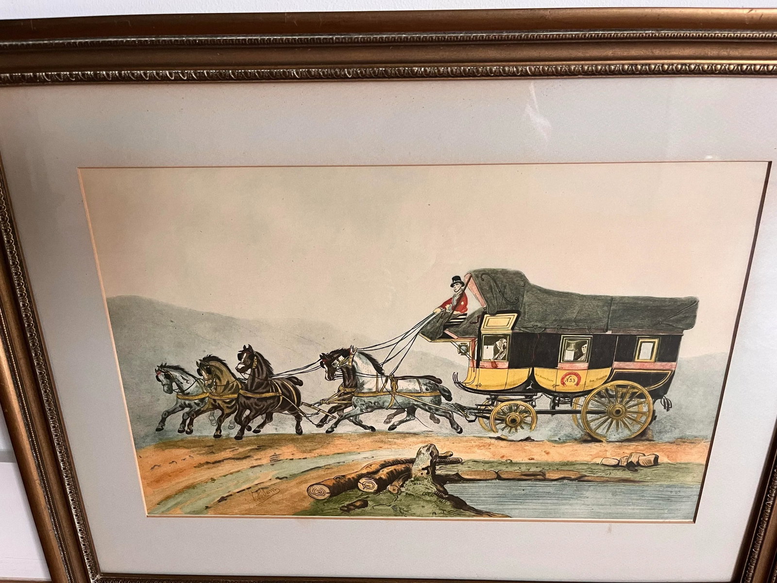 Vintage Framed Hand Colored Etching 'The Coach of Posts' by Victor-Jean Adams - 4