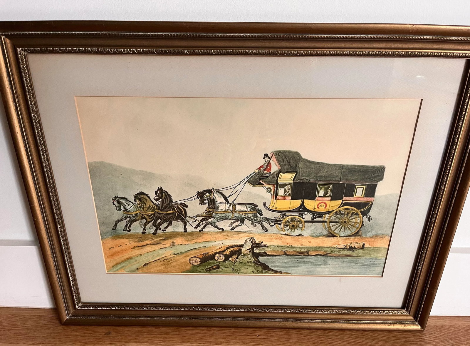 Vintage Framed Hand Colored Etching 'The Coach of Posts' by Victor-Jean Adams - 5