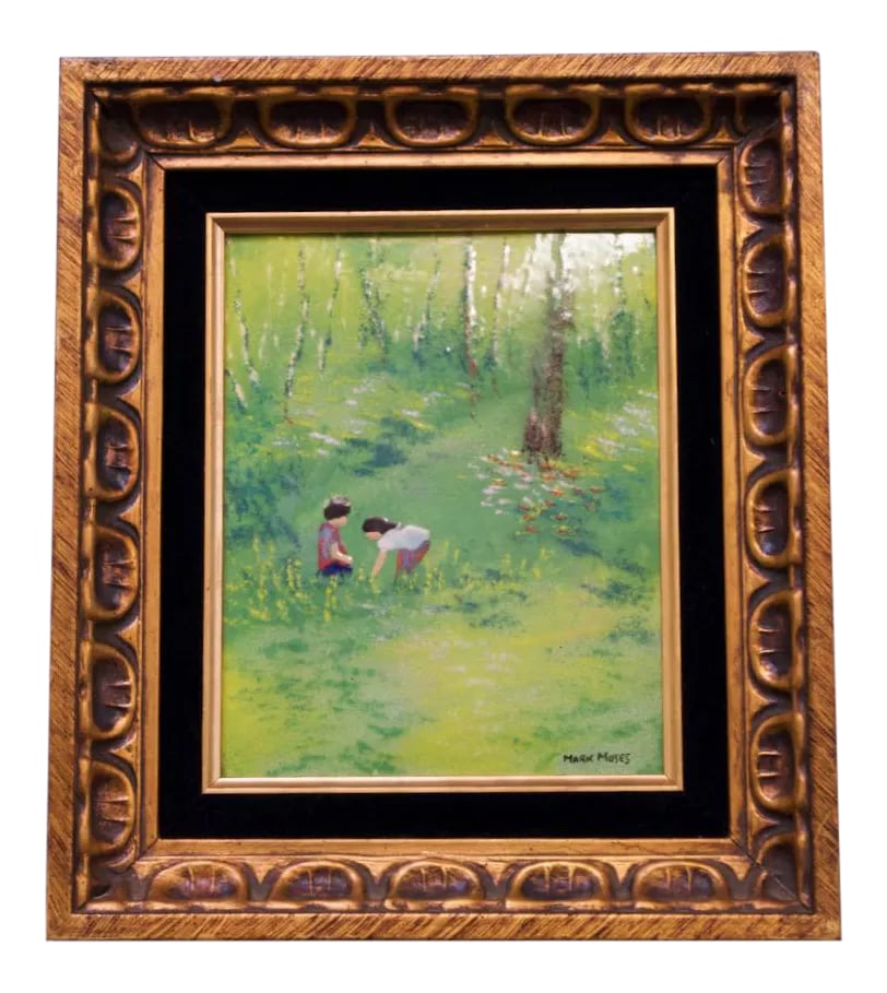 1960s Enamel on Copper Painting by Mark Moses: Enamel on Copper painting by renowned enamelist Mark Moses depicting a young boy and girl picking flowers in a forest. Lined in black velvet housed in a giltwood frame. Artist signed. Condition: Alter