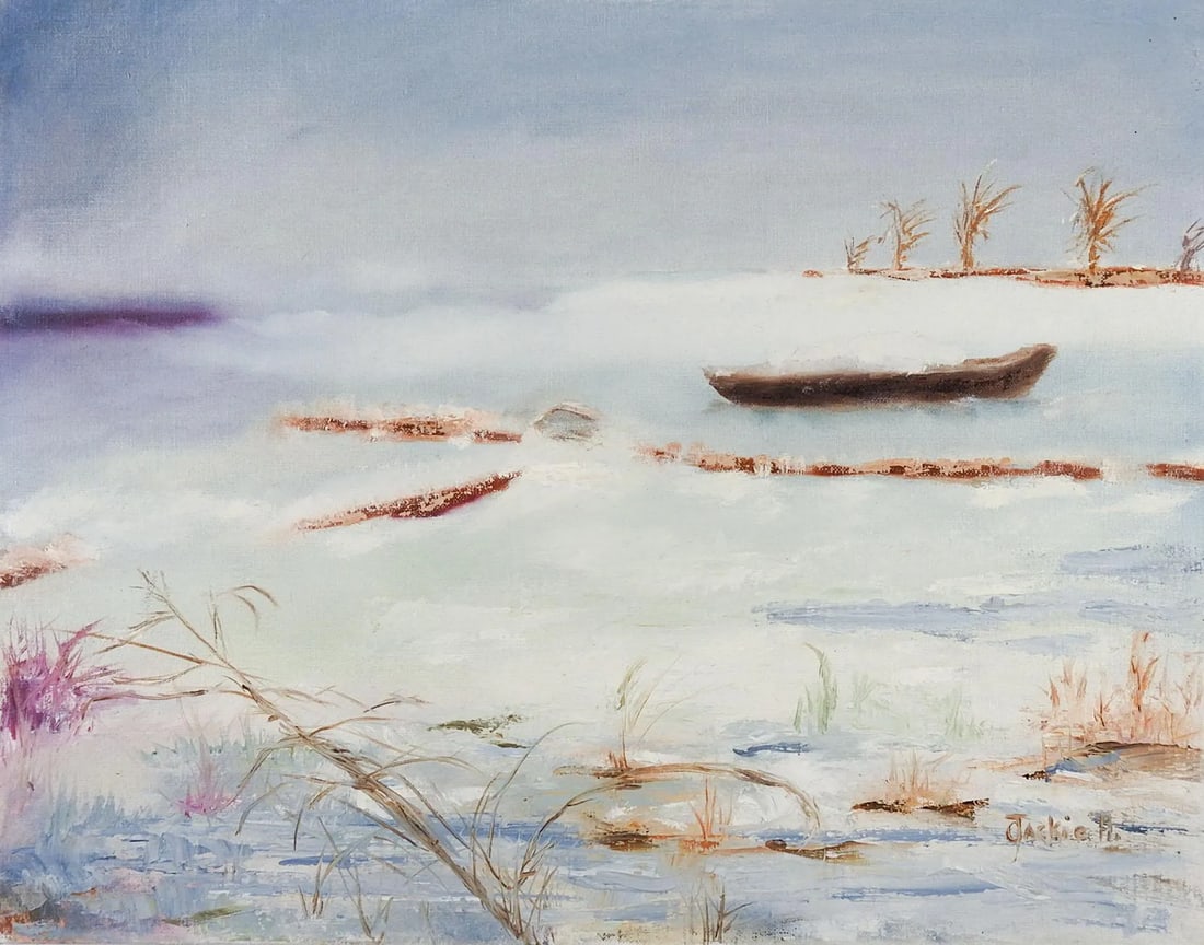 Mid 20th Century Winter Lake Painting: Acrylic on canvas board of a lake and boat in winter. Signed Lackie H lower right corner. Unframed. Condition: Alterations: Original Condition Unaltered Imperfections: Some Imperfections Condition Not