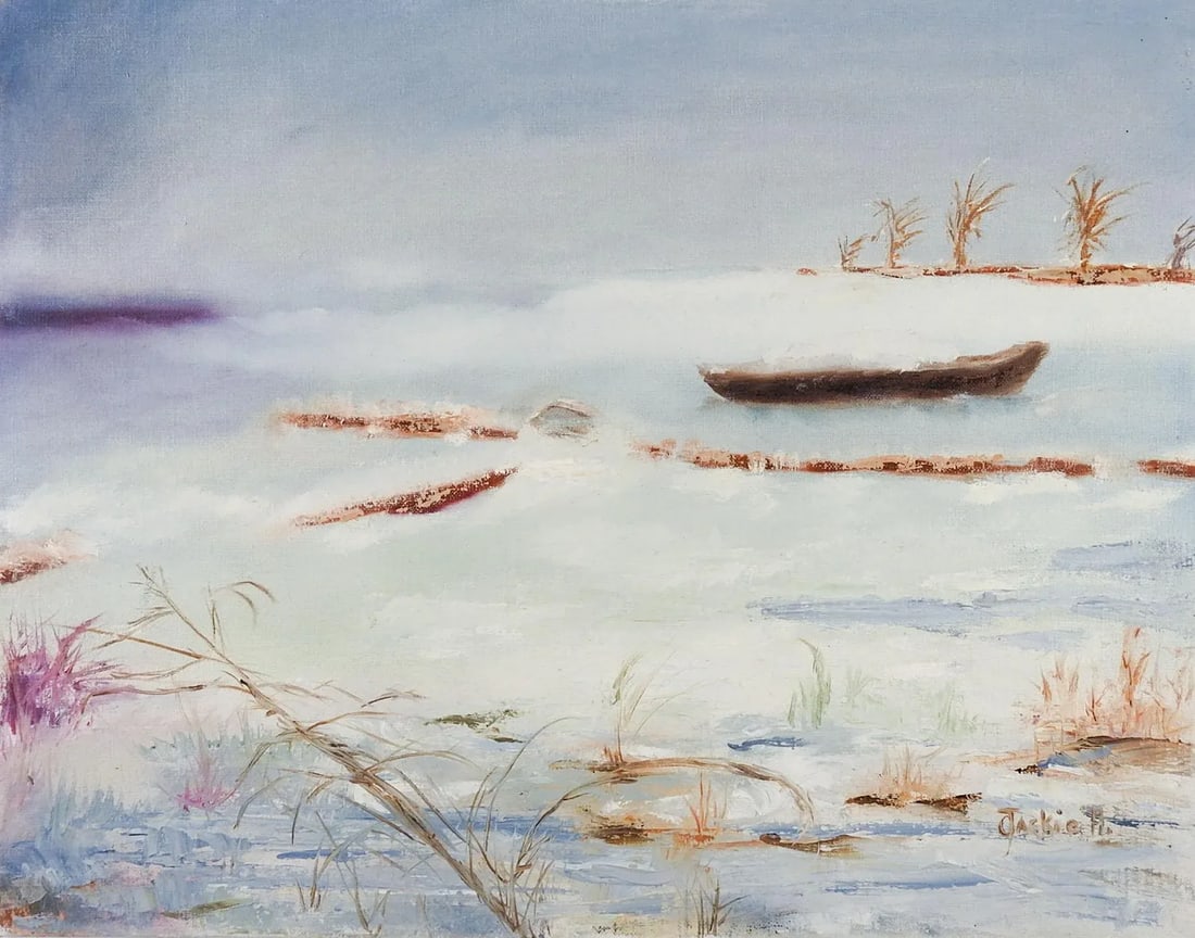 Mid 20th Century Winter Lake Painting - 4