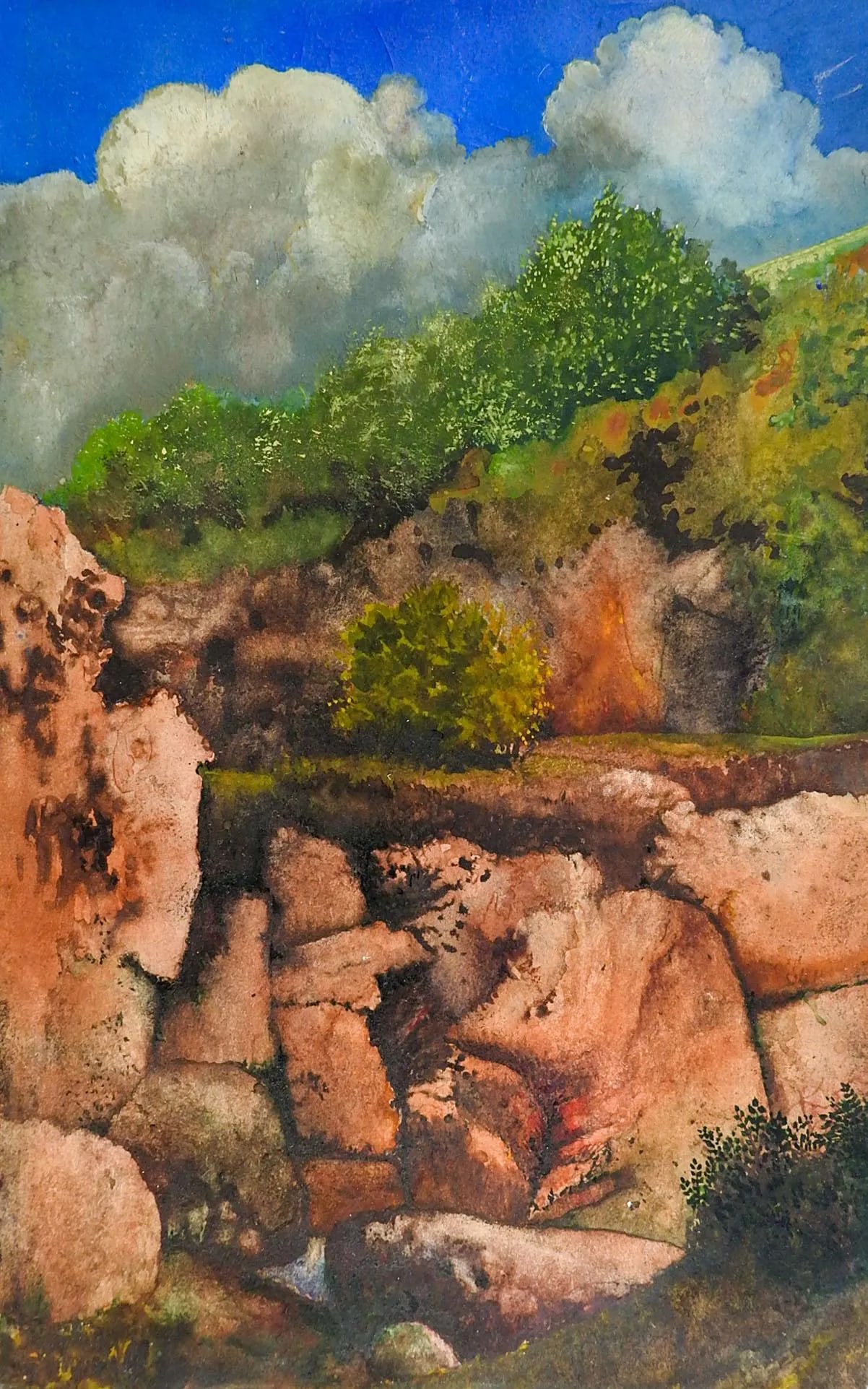 1970s Rocky Hillside Landscape Painting (1 of 4)
